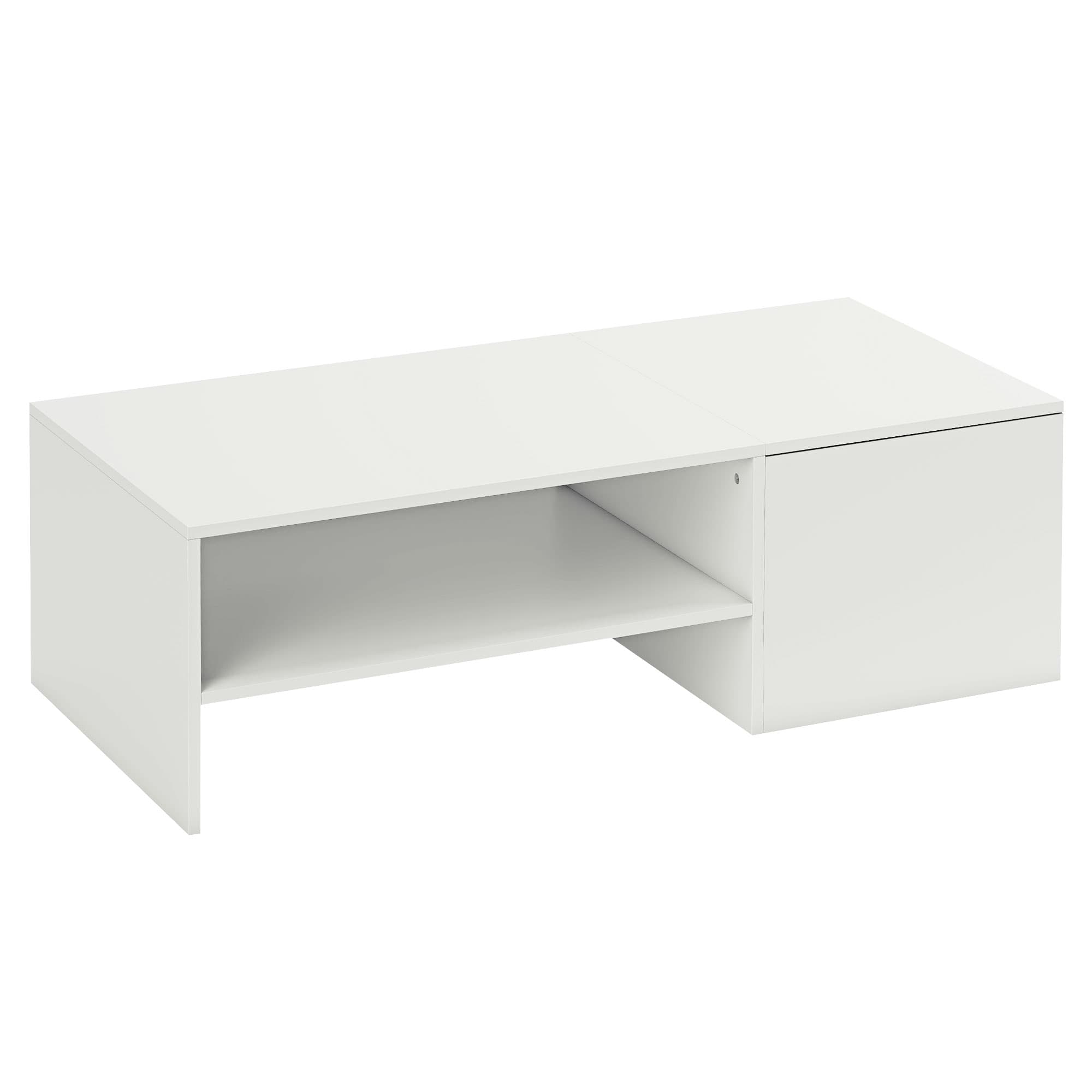 HOMCOM Table basse rectangulaire, table d'appoint plateau coulissant, rangement caché, étagère ouverte, 110 x 52 x 36 cm, blanc