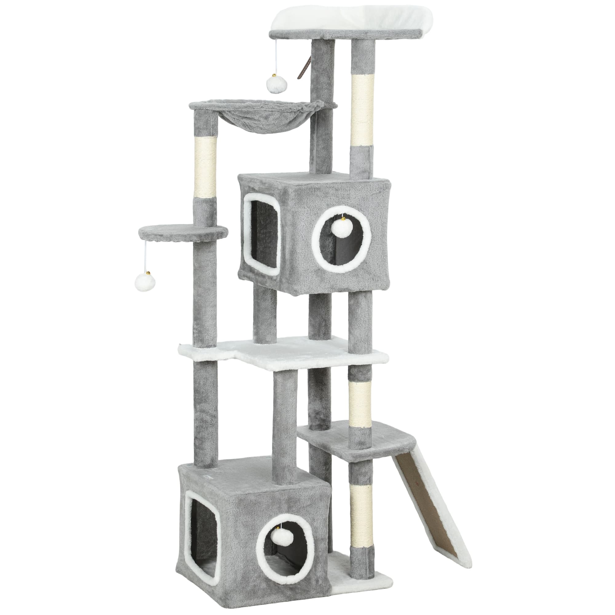 PawHut Arbre à chat tour de jeux pour chats centre d'activités 2 niches plateformes hamac échelle et 4 pompons 165 cm gris
