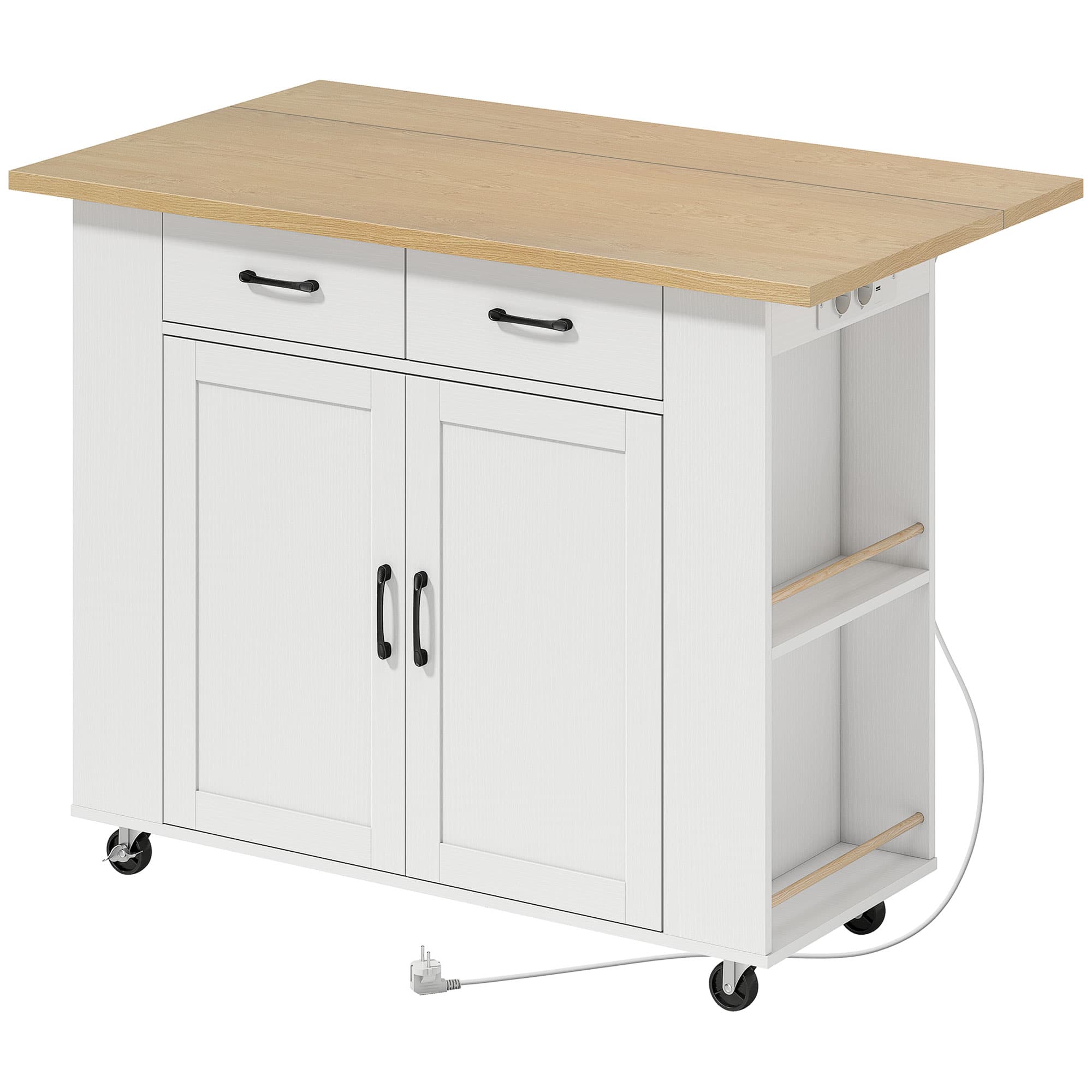 HOMCOM Îlot de Cuisine avec Station de Charge, Chariot de Cuisine à Roulettes avec Plan de Travail Rabattable, 2 Tiroirs, Blanc