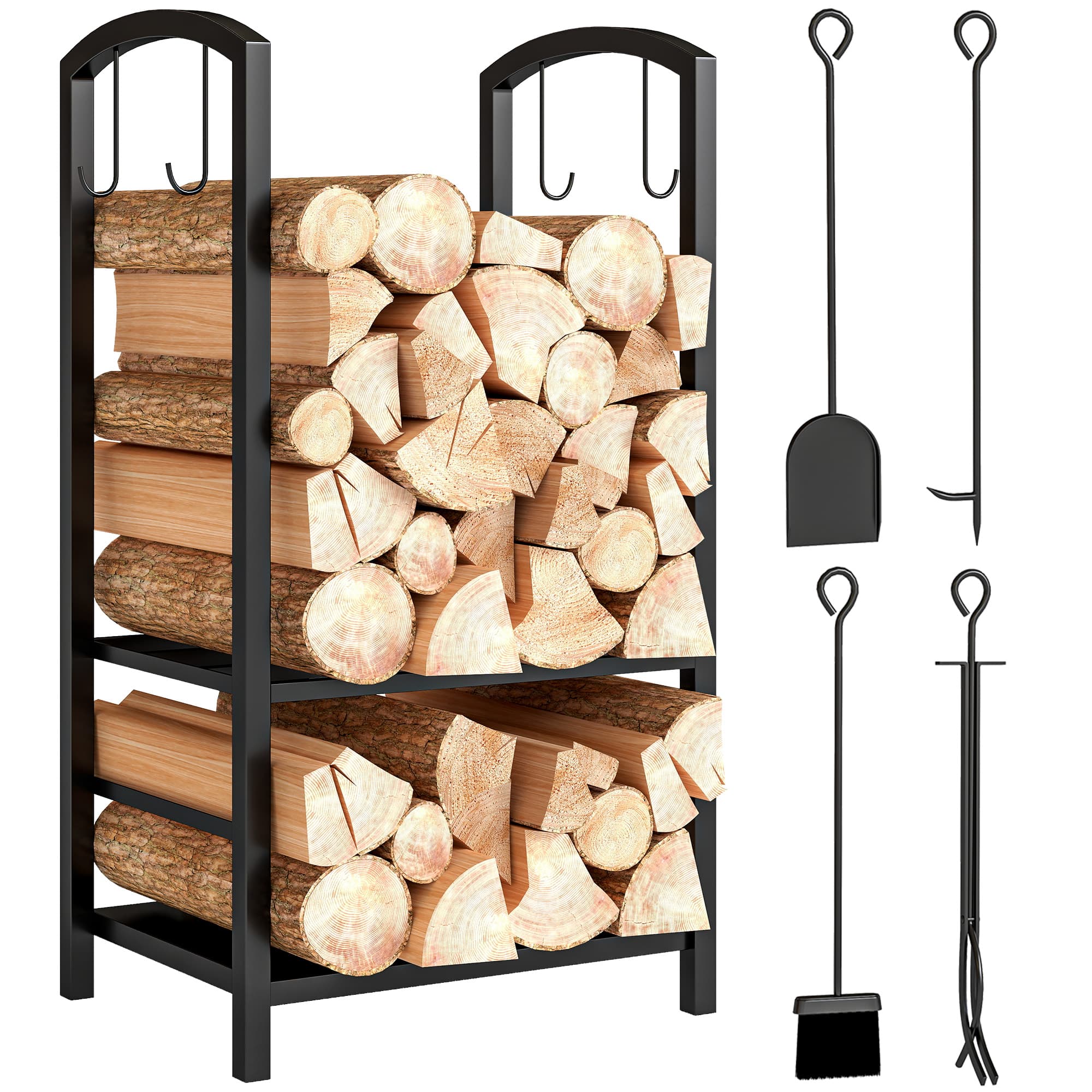 Outsunny Serviteur de cheminée - Porte bûches - Range bûches Multi Accessoires 2 étagères 40L x 30l x 75H cm métal Noir