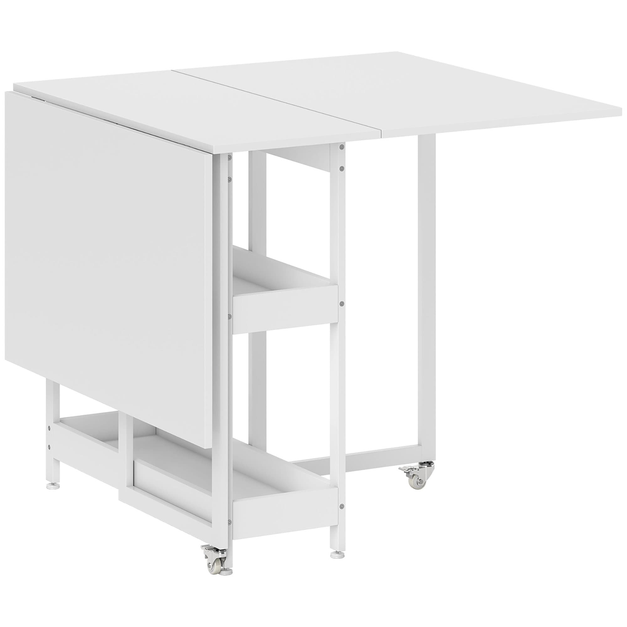 HOMCOM Table à manger pliante sur roulettes 4 personnes avec compartiments ouverts, pour petits espaces, salle à manger, blanc