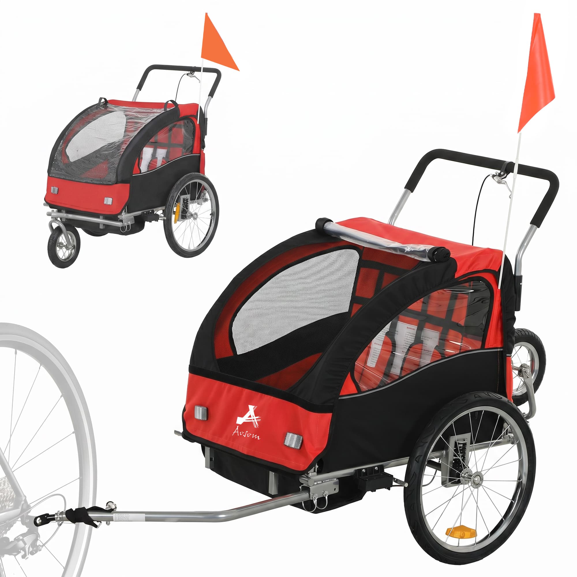 HOMCOM Remorque vélo enfant 2 en 1 avec ceinture de sécurité 5 points, réflecteurs, drapeau et rideau coupe-vent, rouge