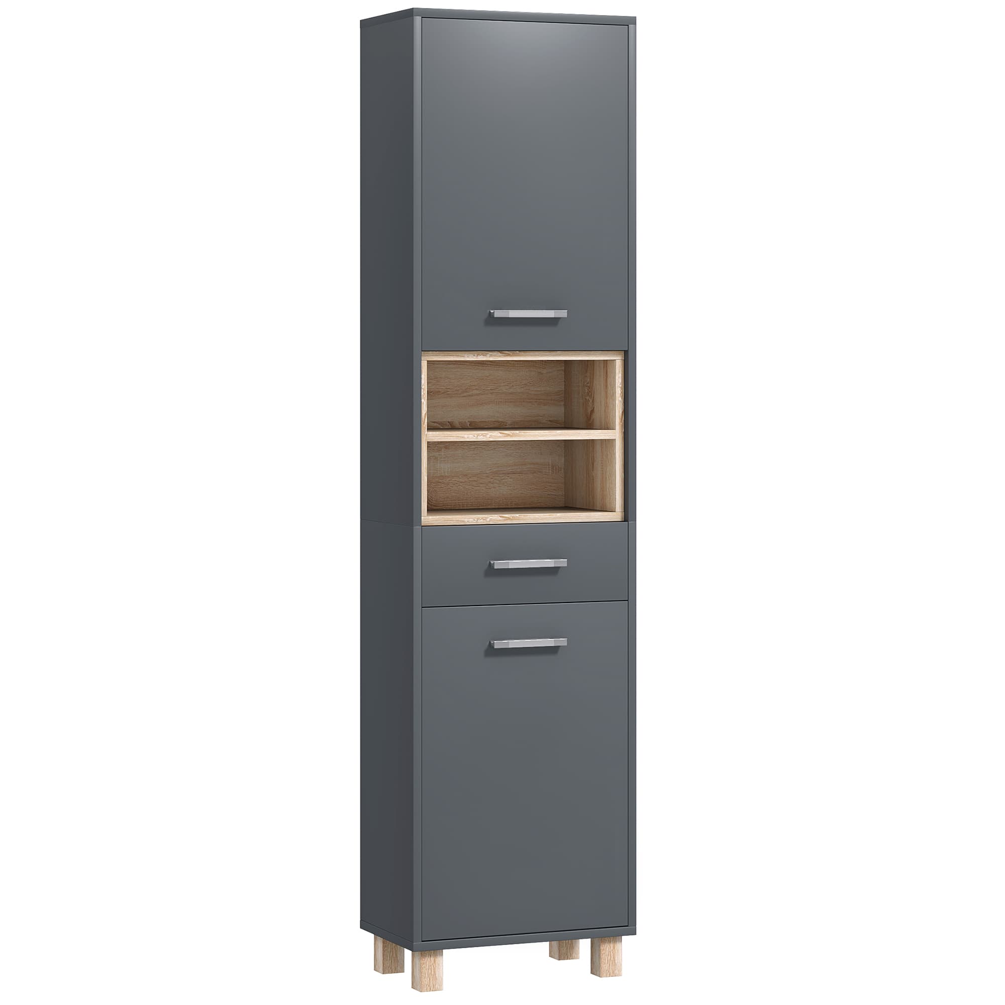 HOMCOM Colonne salle de bain, meuble salle de bain rangement avec 2 placards, tiroir et 2 compartiments ouverts, gris