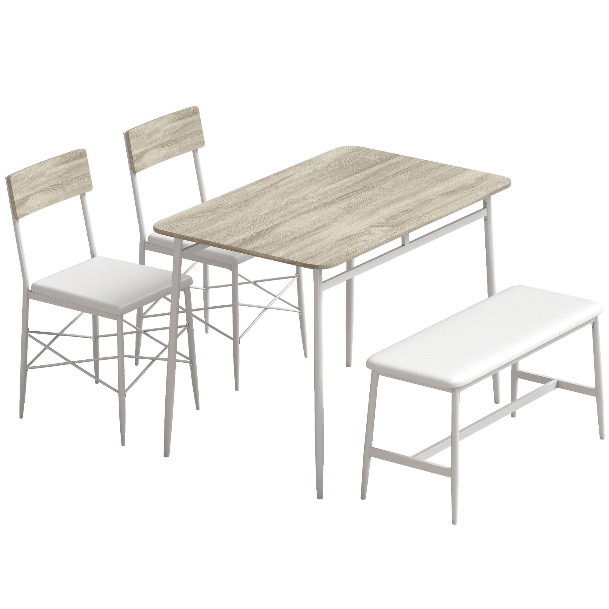 HOMCOM Ensemble Table Salle à Manger avec 2 Chaises et Banc, Assises Rembourrées, pour Salon, Petit Espace, Chêne et Blanc