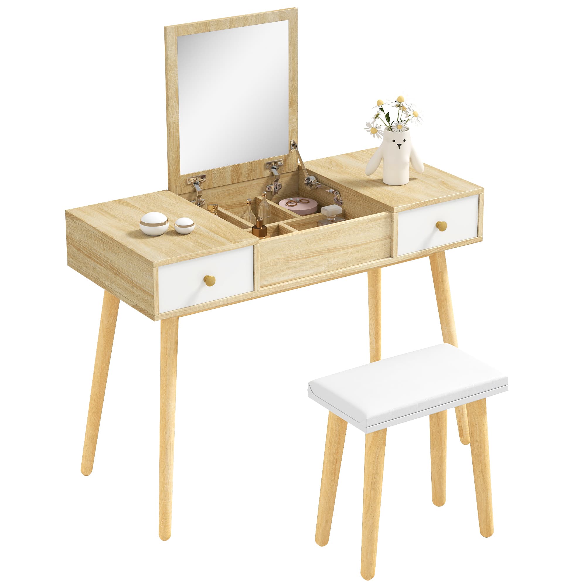 HOMCOM Ensemble de coiffeuse avec tabouret miroir rabattable style scandinave 2 tiroirs 100 x 45 x 118 cm naturel et blanc
