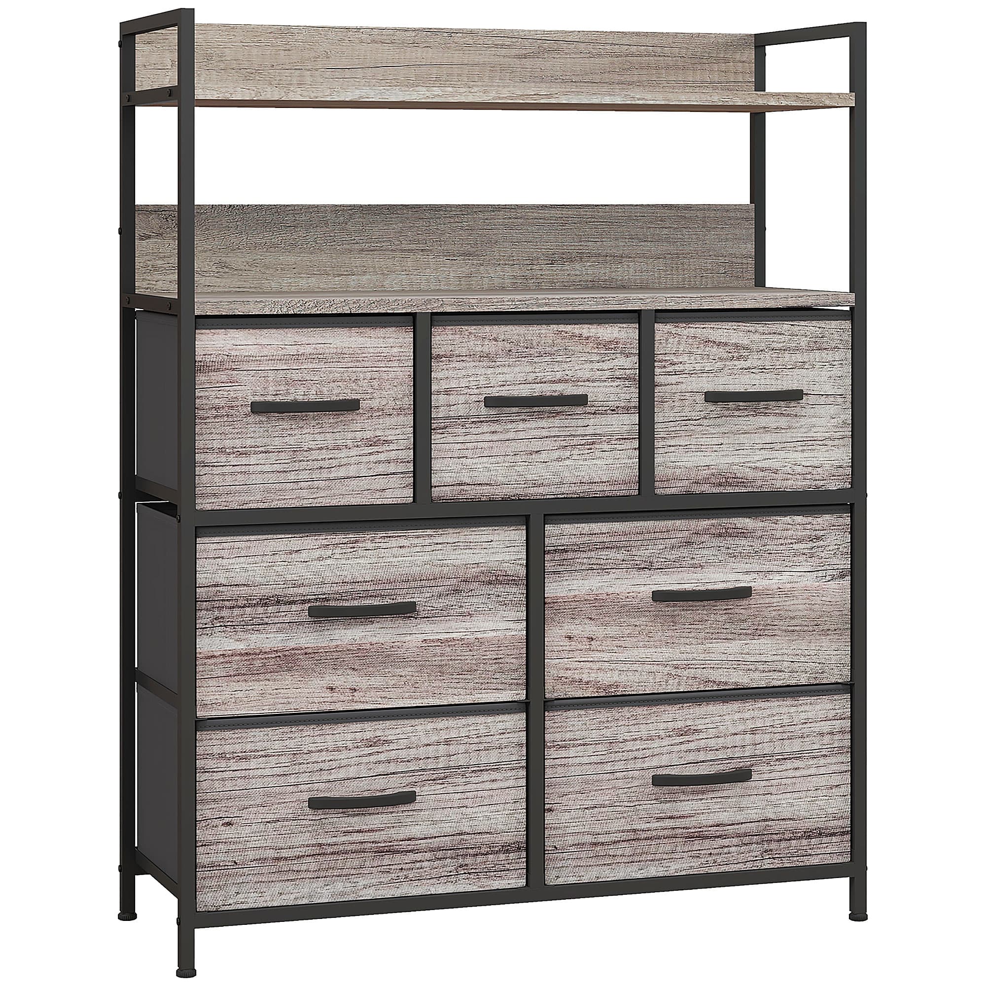 HOMCOM Meuble de rangement commode 7 tiroirs en tissu pliables et amovibles étagères ouvertes, gris