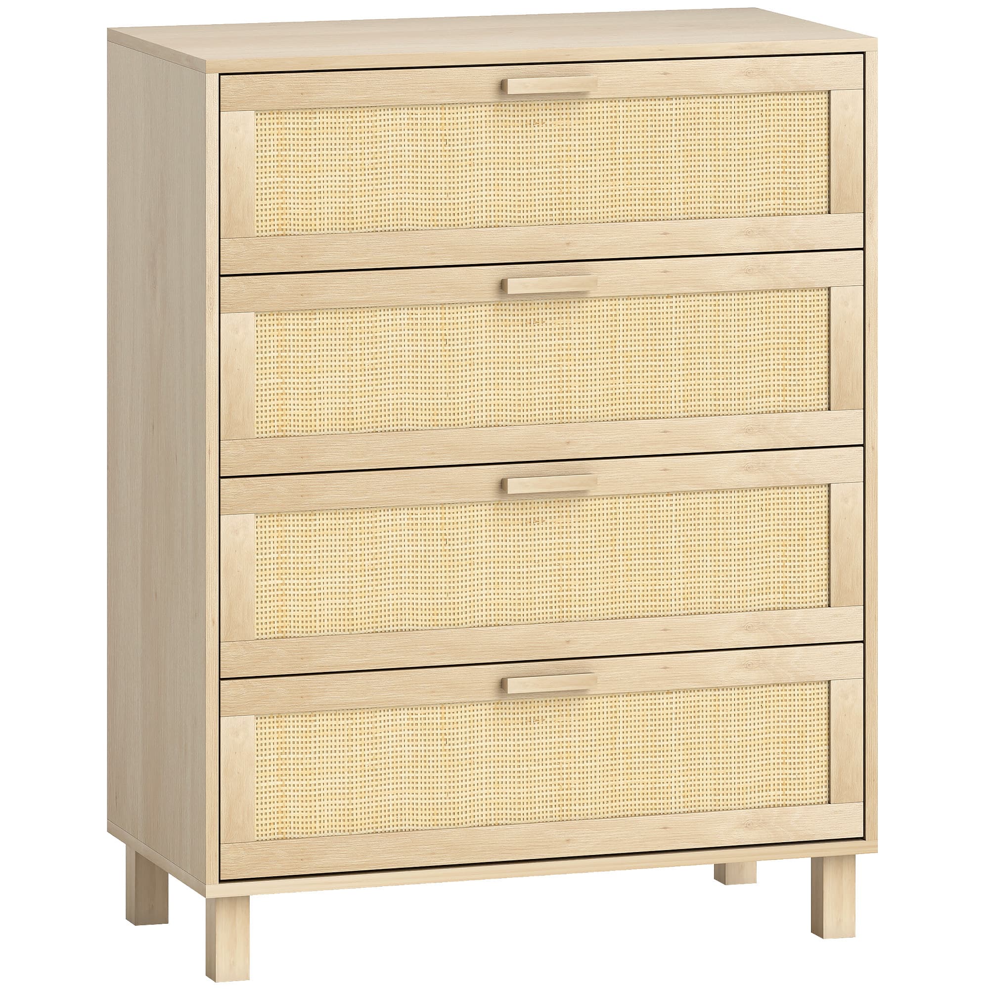 HOMCOM Commode 4 tiroirs cannage en rotin dim. 80L x 40l x 103H cm MDF Aspect Bois Clair