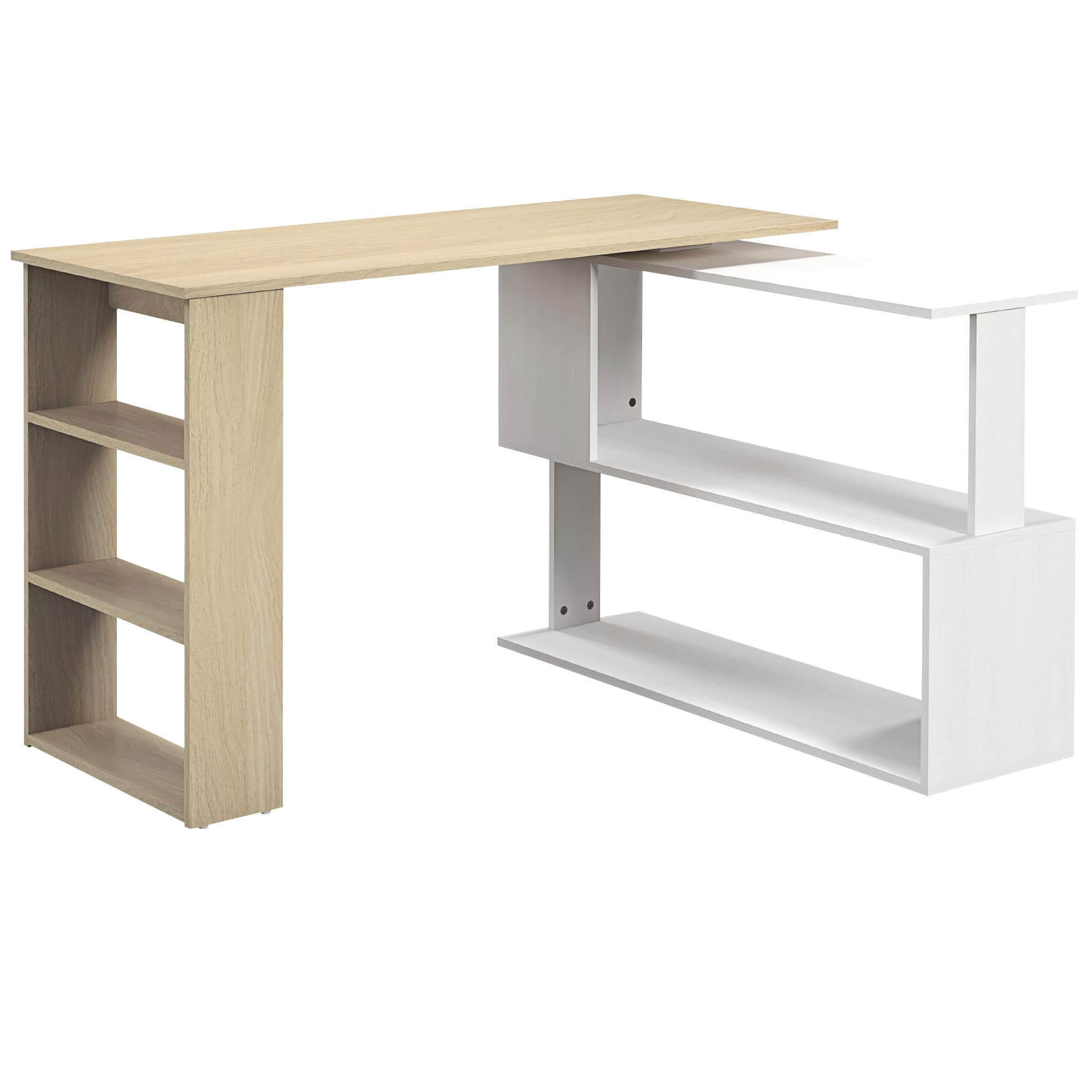 HOMCOM Bureau d'angle bureau informatique modulable bibliothèque intégrée + étagère 3 niveaux blanc et bois naturel