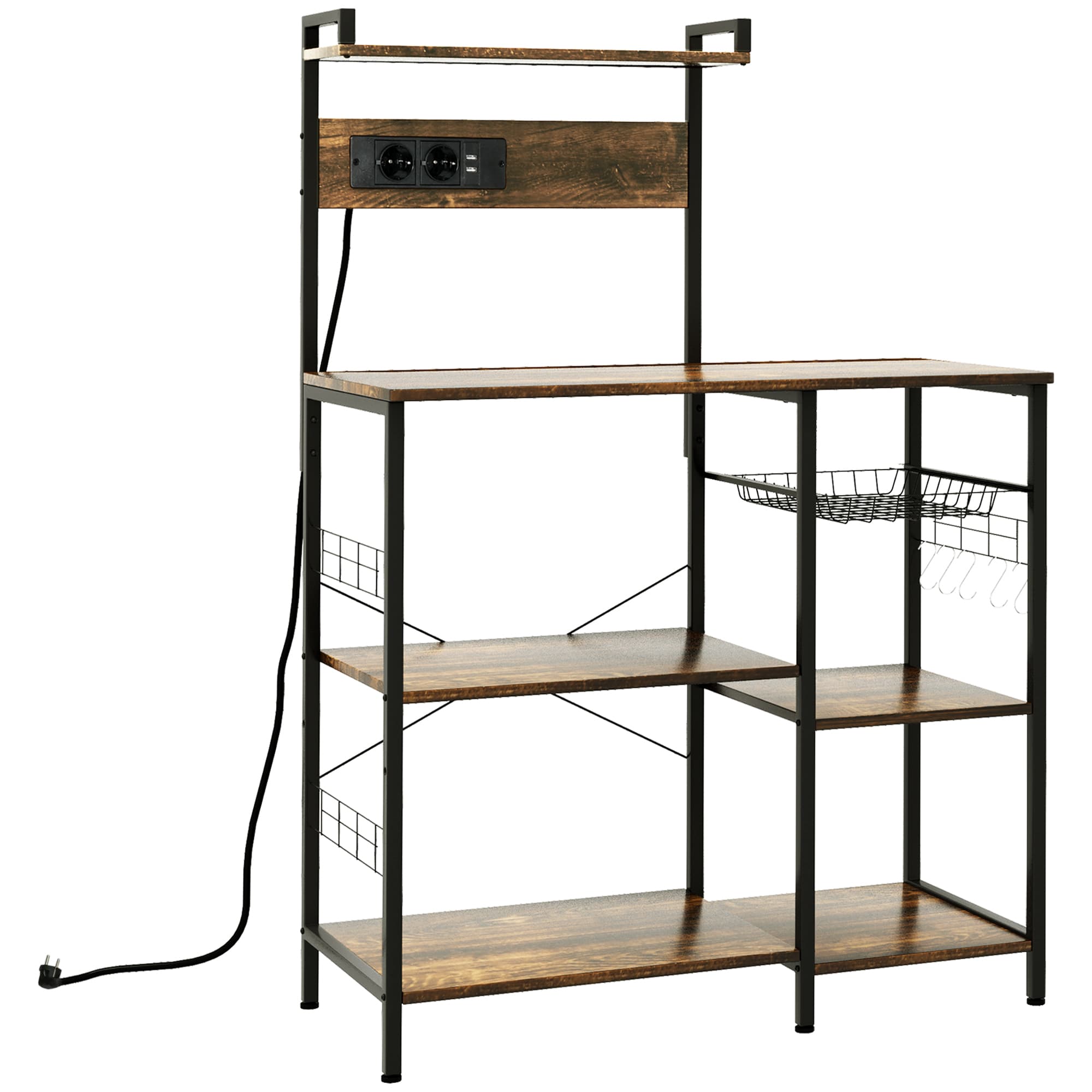 HOMCOM Meuble de cuisine avec prises intégrées pour micro-ondes avec étagères, style industriel, 90x42x130cm, marron