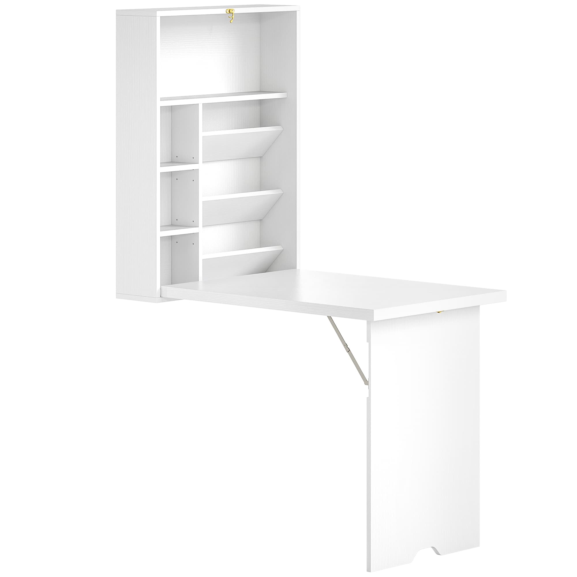 HOMCOM Bureau pliable mural, table murale pliante avec étagères pour salon, salle à manger, bureau, 93,8 x 60 x 147 cm, blanc