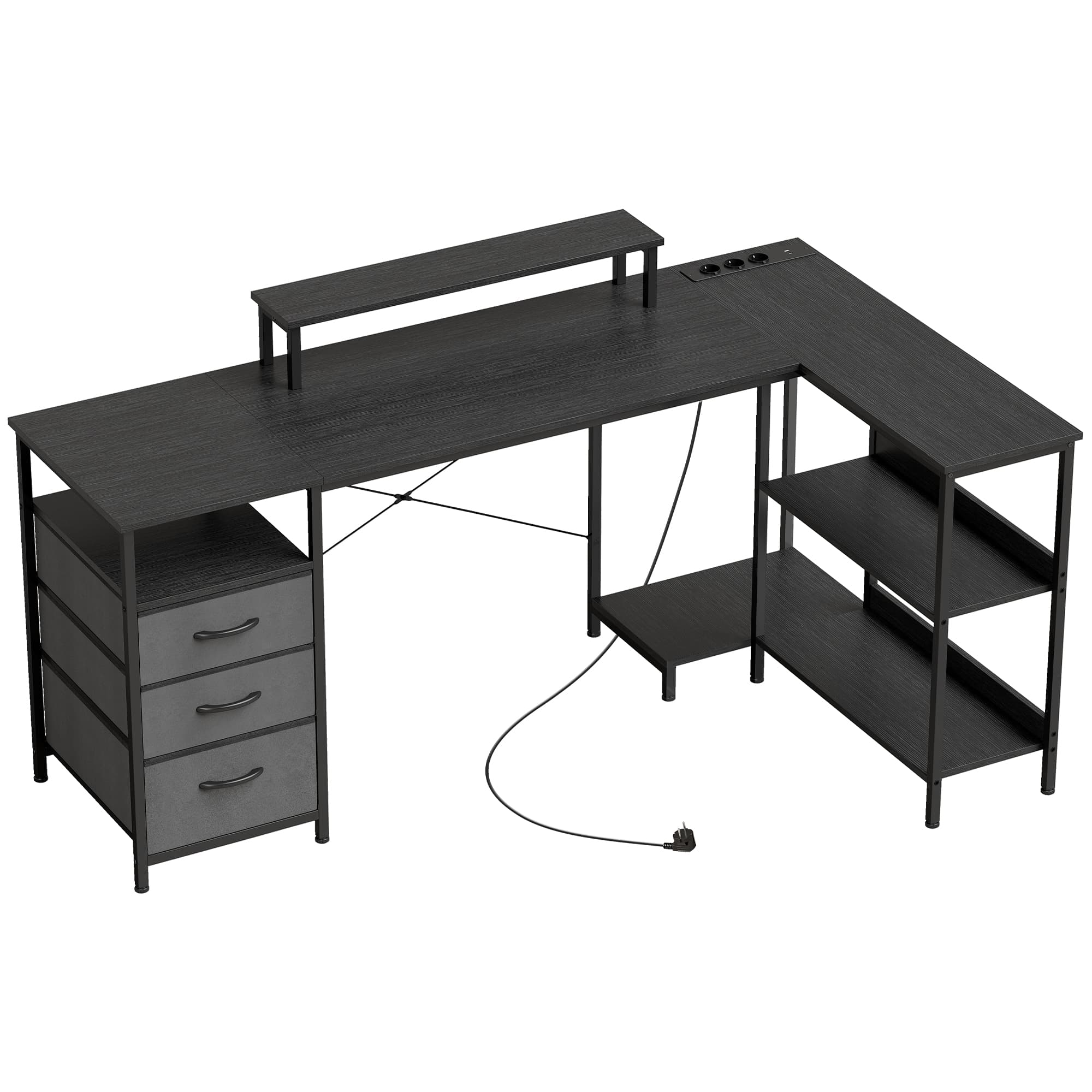 HOMCOM Bureau en L réversible, bureau d'angle avec tiroirs et étagères, 170 cm, Noir
