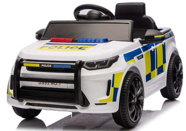 AIYAPLAY Voiture électrique police pour enfants 12V Télécommande 2,4 G 2 Moteurs Démarrage progressif Sirène Lumières Musique Blanc
