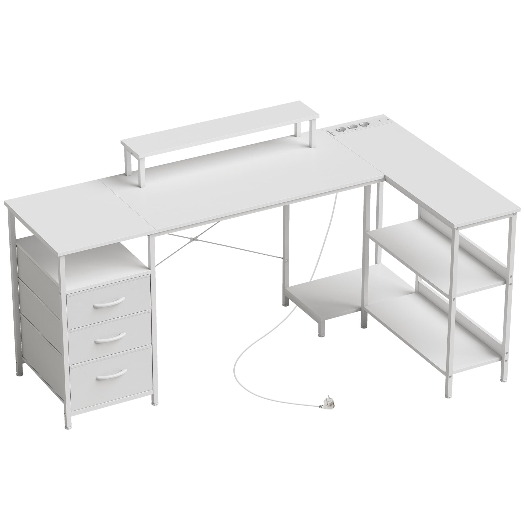 HOMCOM Bureau d'angle en L avec prises, 170x100cm, Bianco