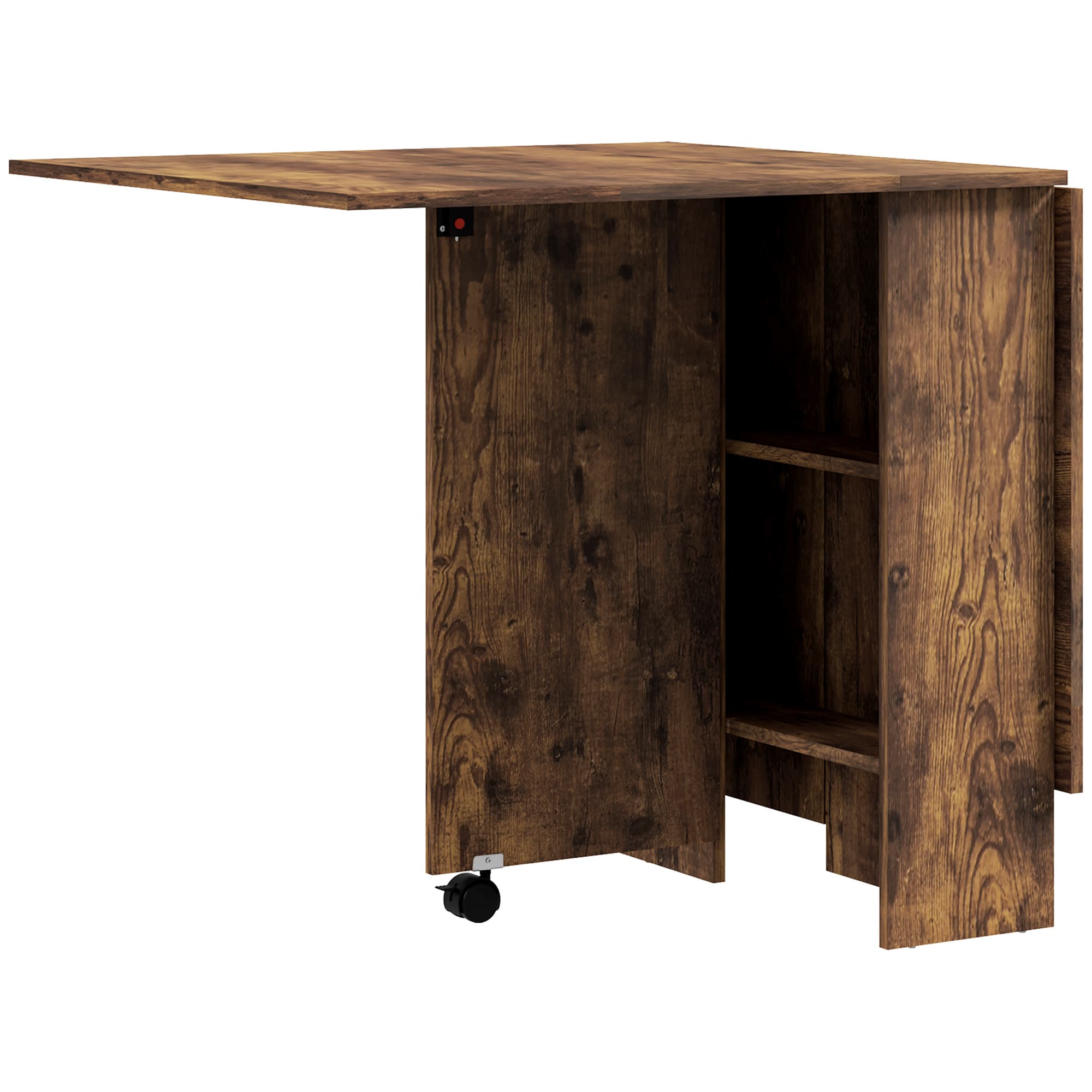 HOMCOM Table à Manger Pliante Mobile sur Roulettes, 2 Plateaux Rabattables, 2 Étagères Intégrées, 140x80x74cm, Brun Rustique
