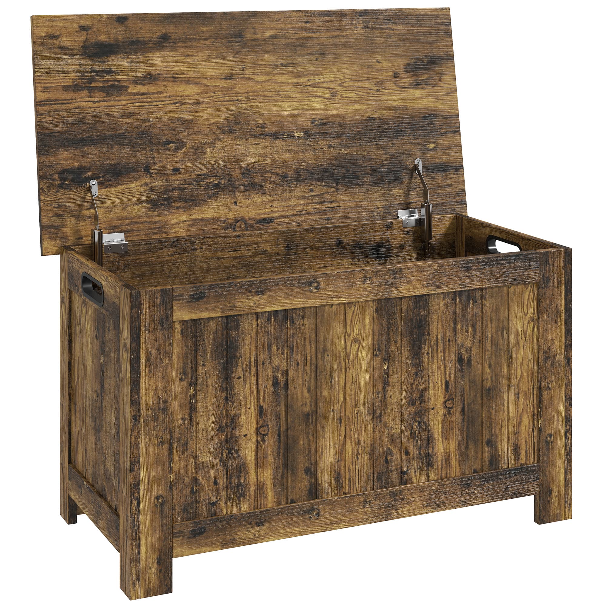HOMCOM Coffre de rangement à couvercle rabattable, coffre à jouets avec charnières de sécurité, brun rustique