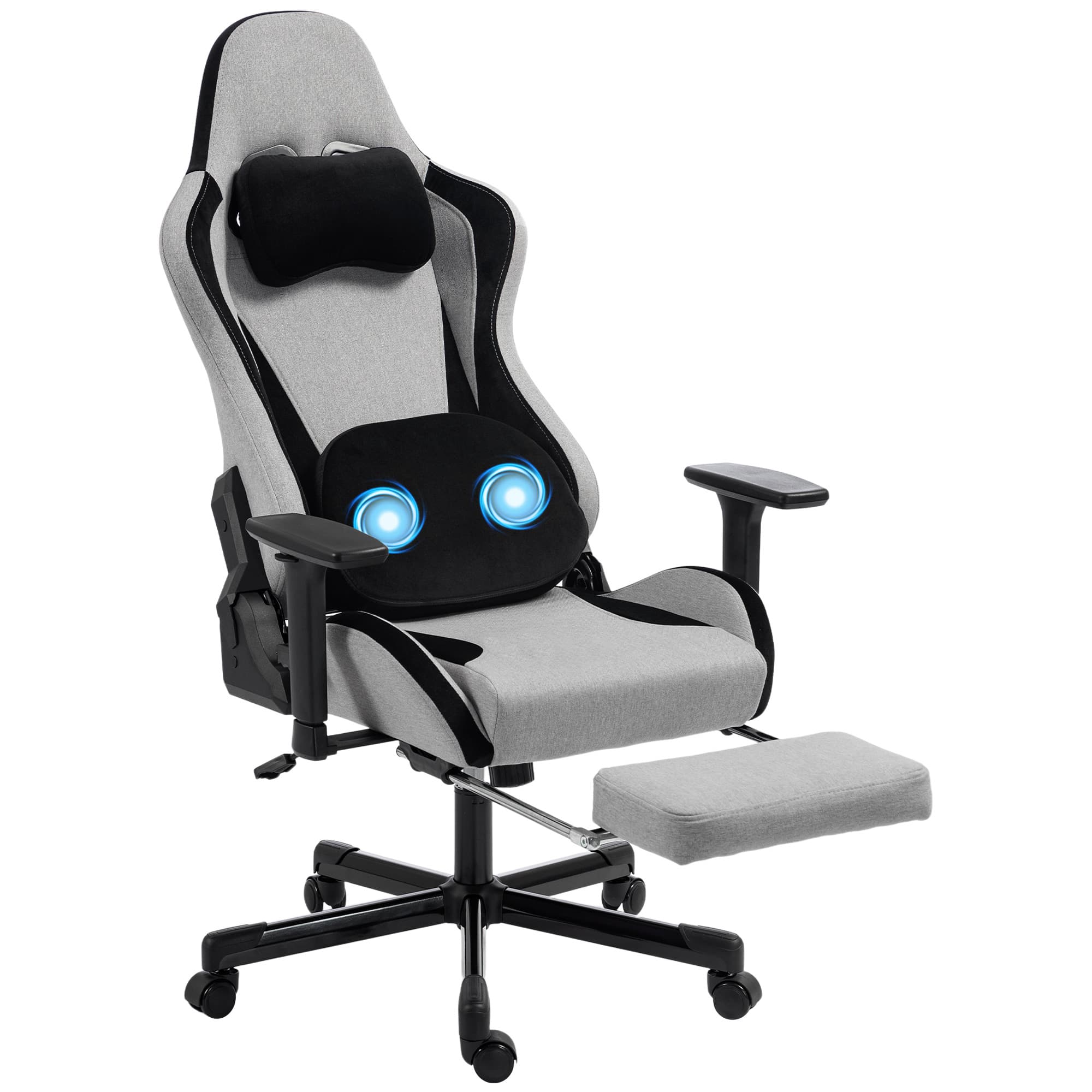 HOMCOM Chaise Gaming Ergonomique avec Massage Chauffant, Repose-pieds, Tissu, Gris