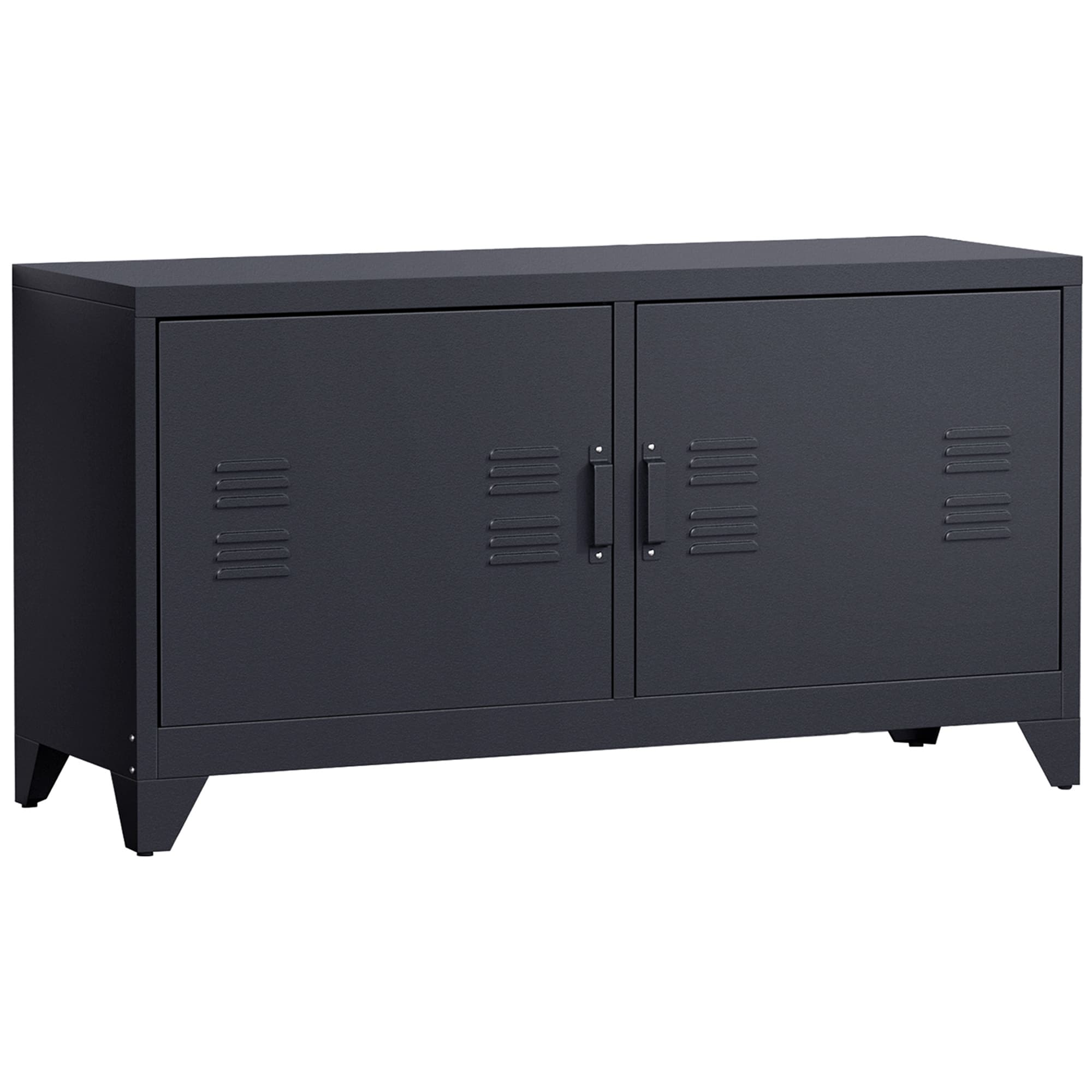 HOMCOM Meuble TV banc télévision design industriel 2 placards avec 2 étagères réglables passe-câbles structure acier noir
