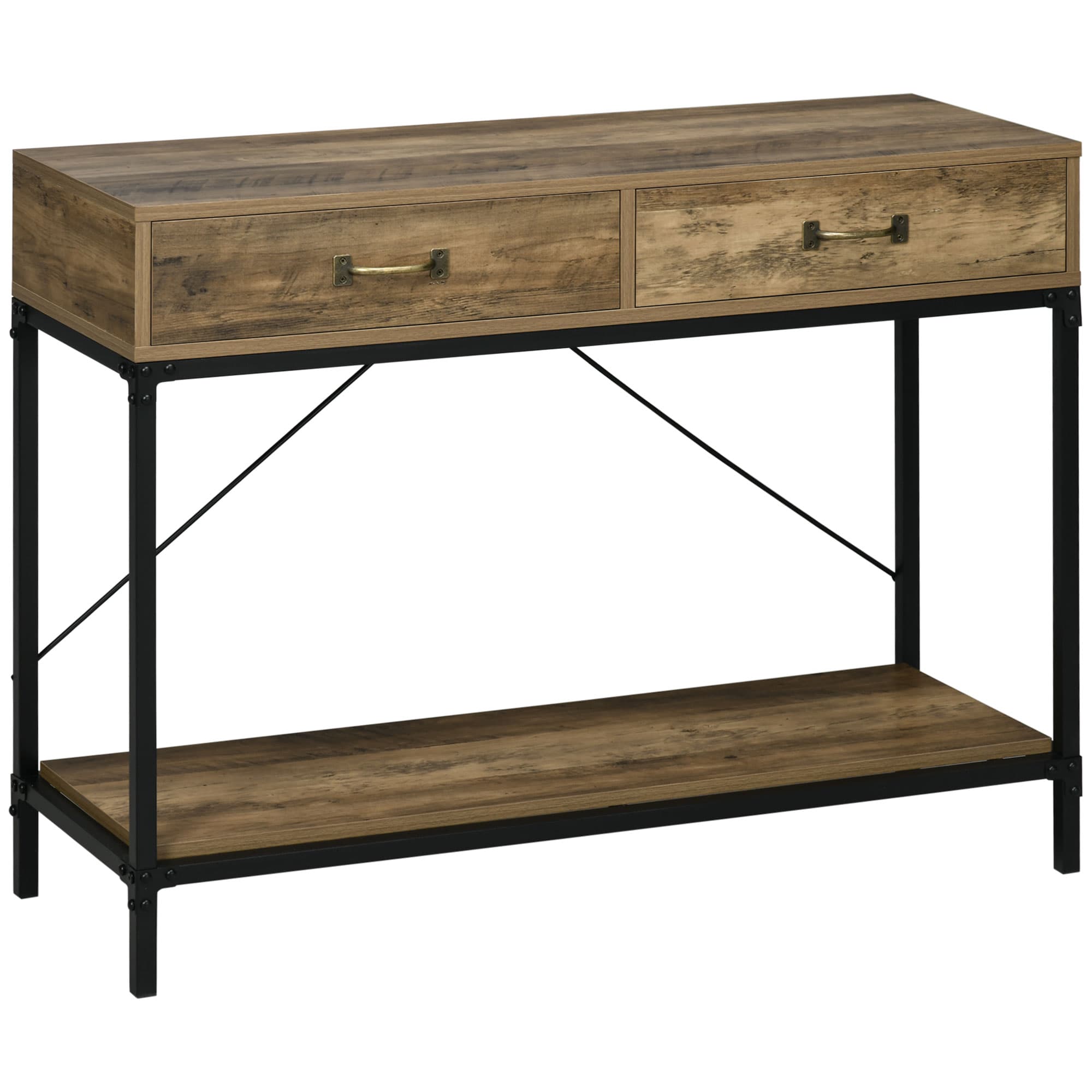 HOMCOM Table console table d'entrée avec 2 tiroirs et une étagère structure en métal et panneaux de particules solides marron
