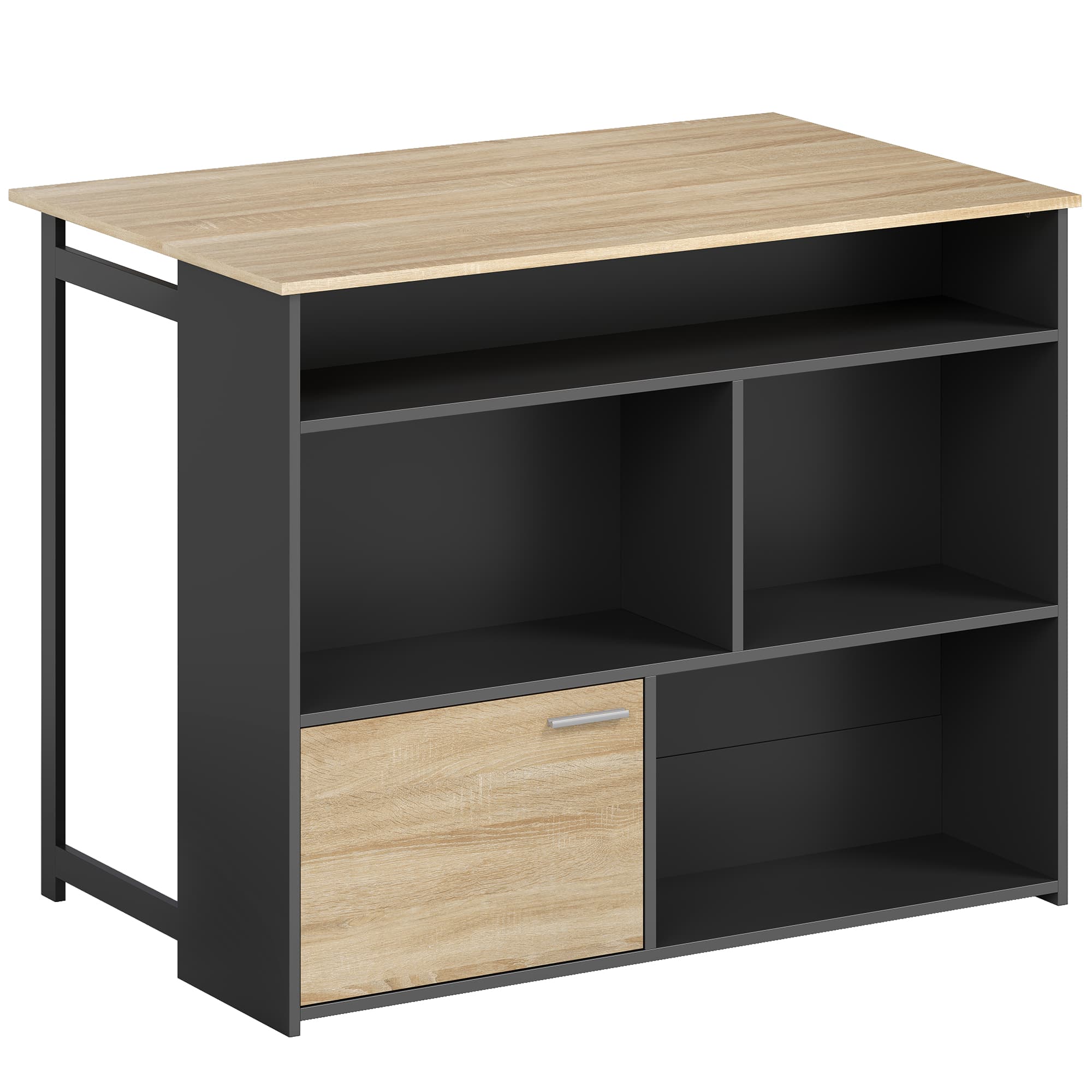 HOMCOM Table de bar extensible avec abattant, table haute cuisine, 1 placard et 4 compartiments ouverts, 116x79,6x90,5cm, noir
