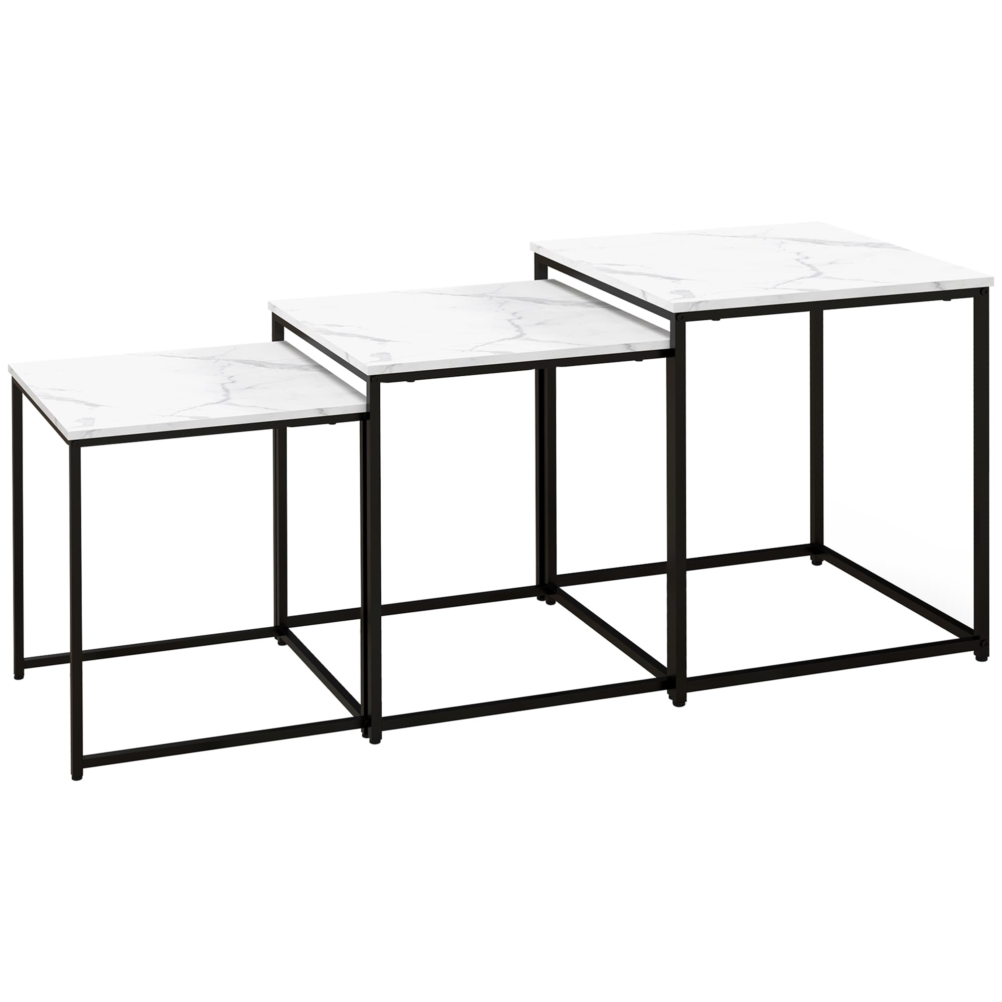 HOMCOM Lot de 3 tables basses carrées gigognes - acier noir panneaux aspect marbre blanc 50/45/39,5 cm
