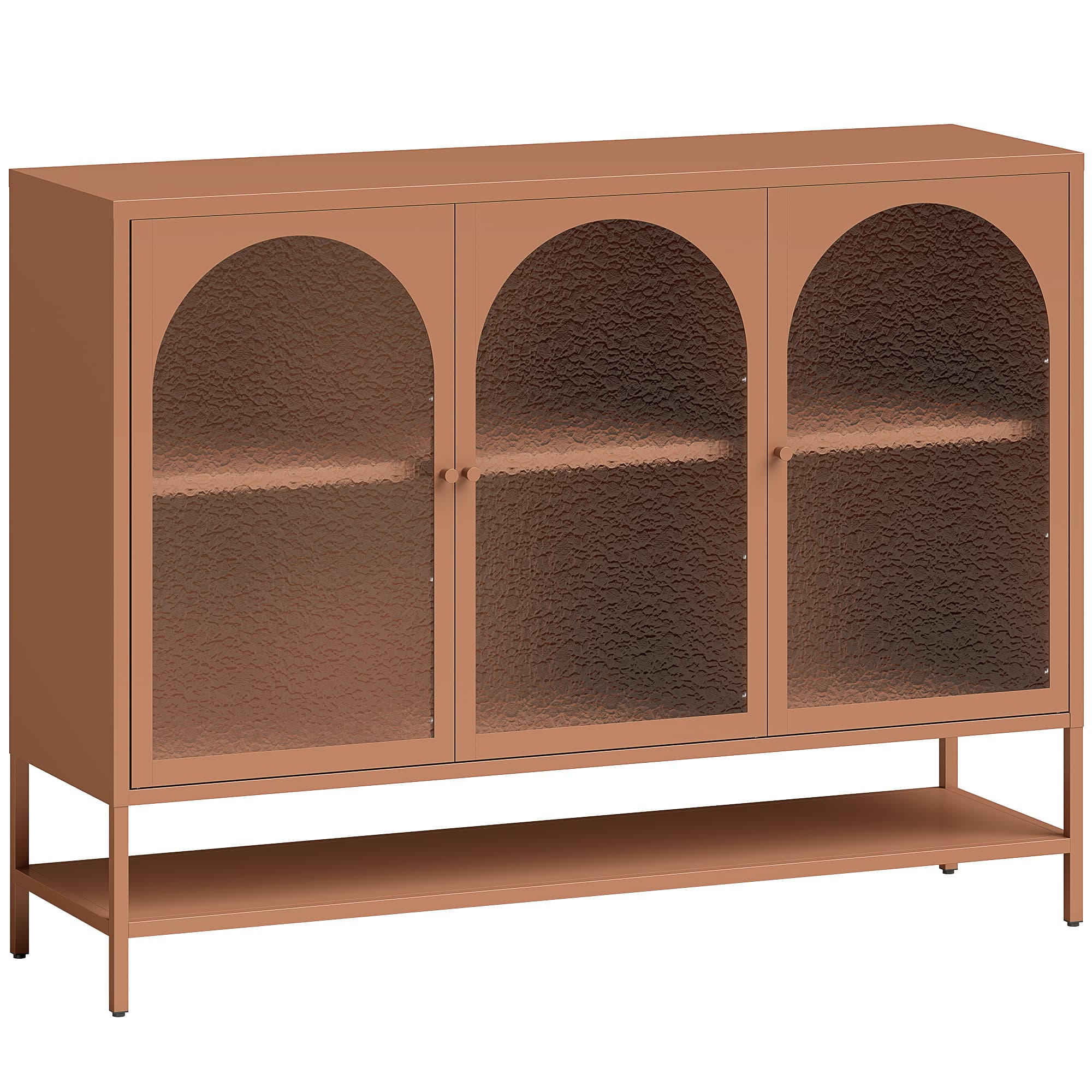 HOMCOM Buffet salon, meuble de rangement avec 3 portes vitrées cintrées et étagère ouverte, 140 x 40 x 105 cm, rouille