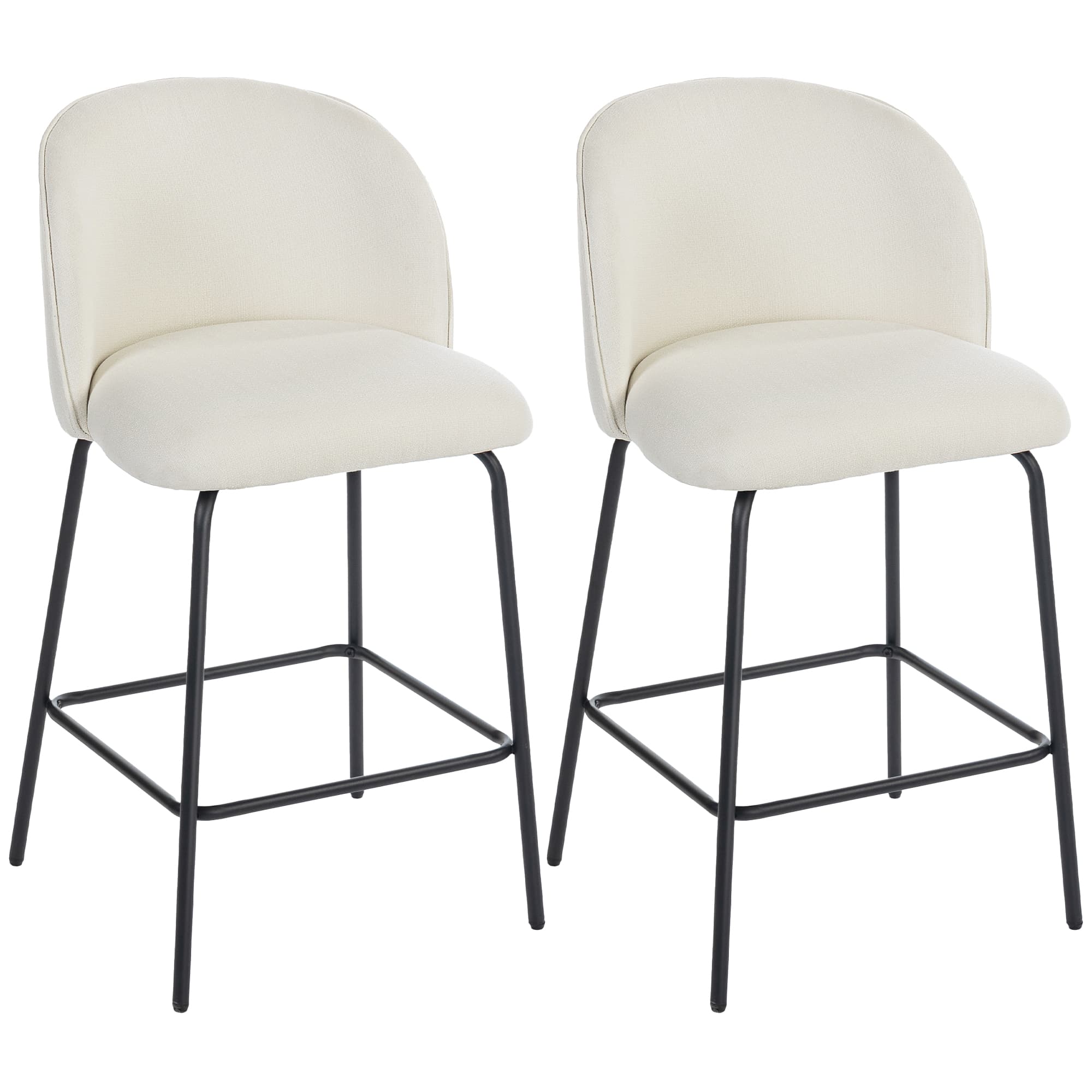 HOMCOM Lot de 2 Tabourets de Bar, Chaises de Bar, Repose-Pieds et Dossier, Tissu Effet Lin, Hauteur d'Assise 68cm, Crème