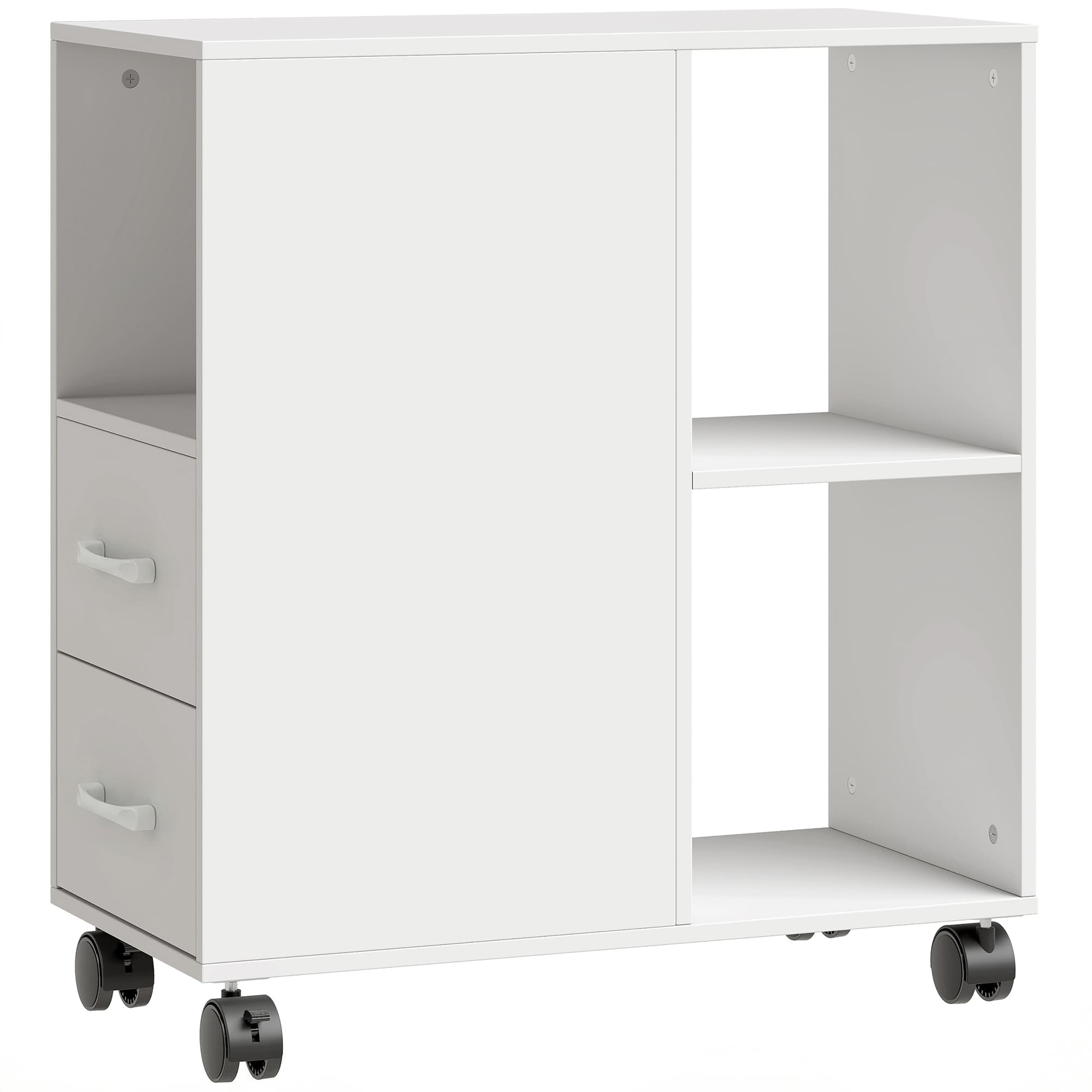 HOMCOM Table d'appoint avec roulettes, bout de canapé, tiroirs, étagère réglable et compartiment ouvert, 60x30x65cm, blanc
