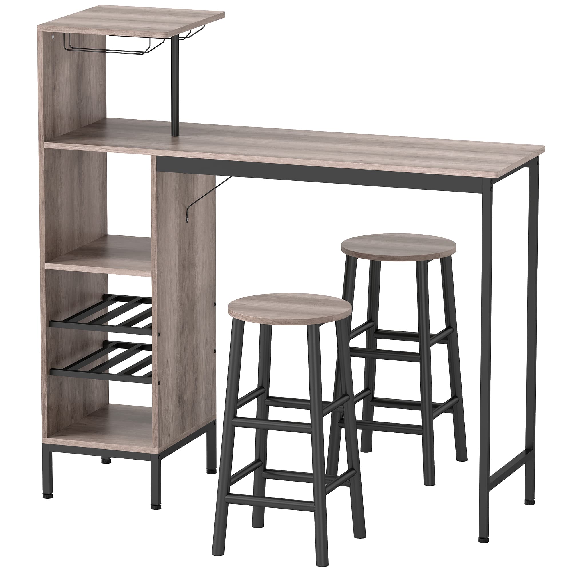HOMCOM Ensemble table de bar avec tabourets, table à manger debout avec 2 chaises de bar étagères, casiers à vin, gris