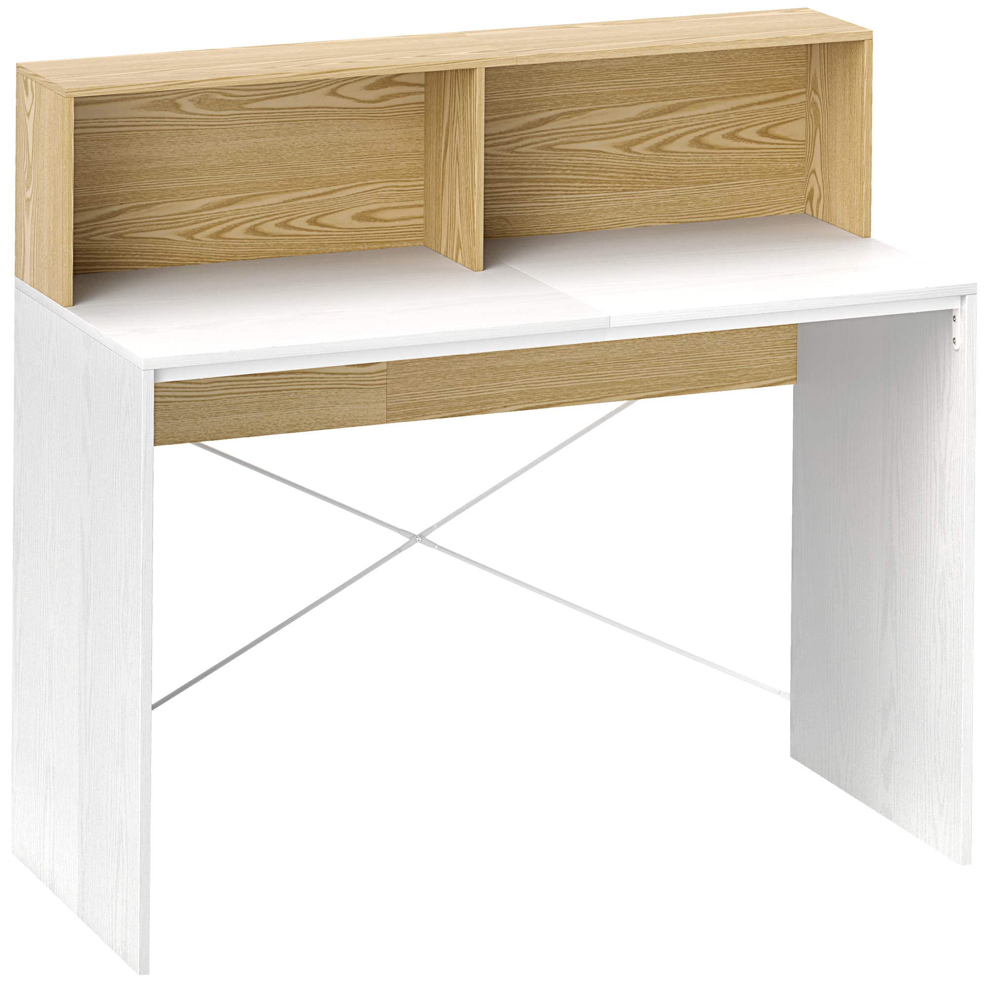 HOMCOM Bureau avec rangement 110 x 50 cm, 2 compartiments ouverts et étagère de rangement, blanc et naturel