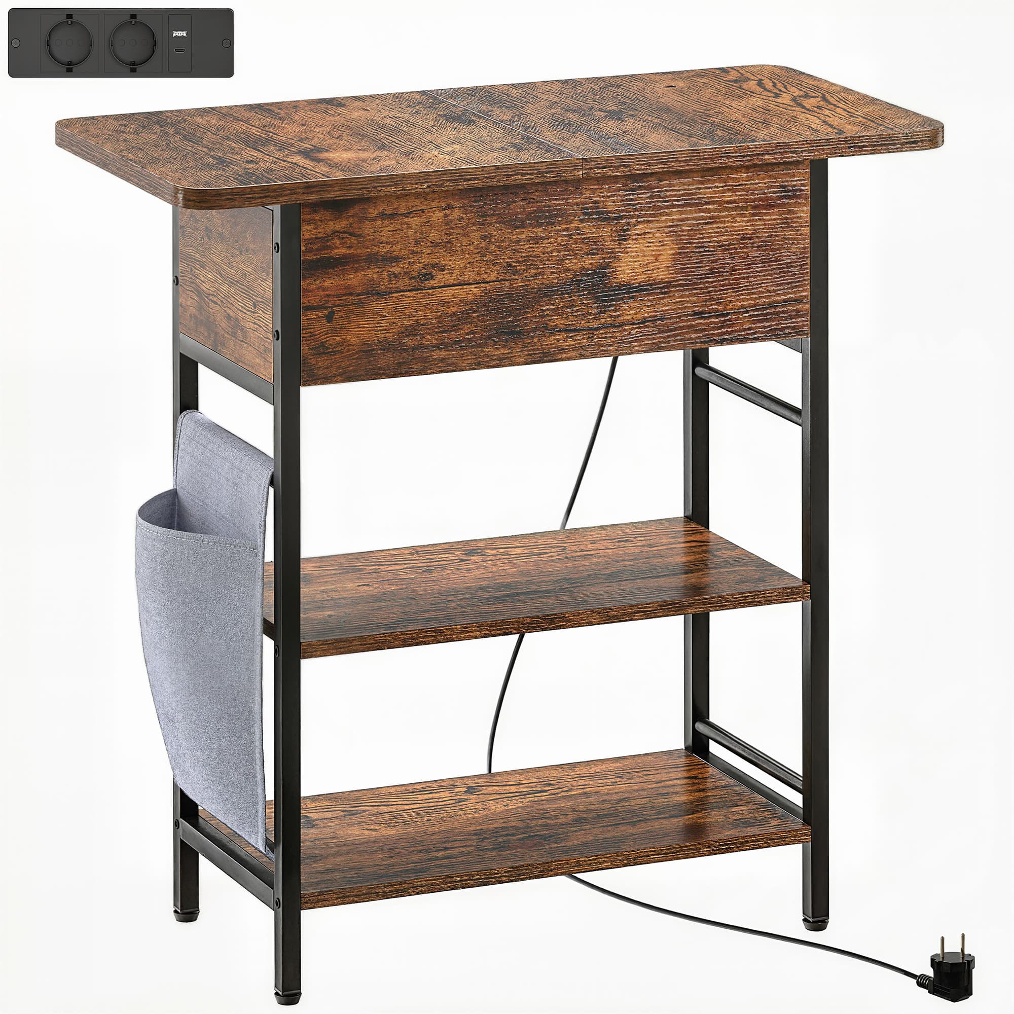 HOMCOM Table d'appoint bout de canapé avec station de charge et sac de rangement, 60 x 29,8 x 58,5 cm, brun rustique