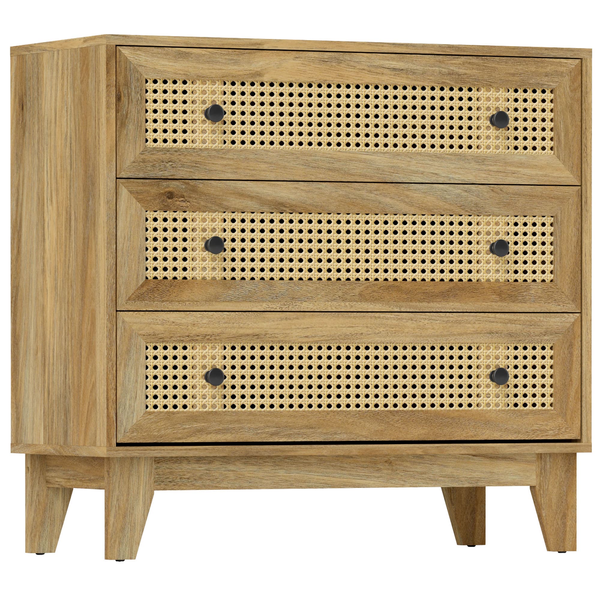 HOMCOM Commode 3 tiroirs meuble de rangement cannage en rotin aspect bois clair 80 x 35 x 76 cm