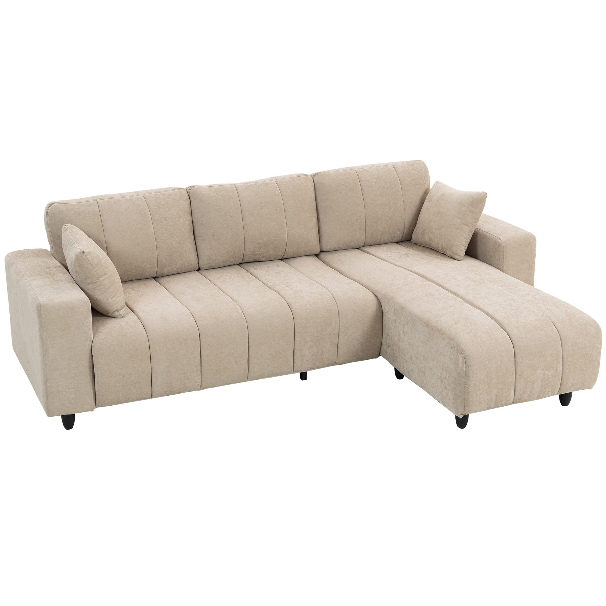 HOMCOM Canapé d'Angle Modulable 242 cm, Canapé 3 Places en L avec Méridienne Réversible, 2 Oreillers, Tissu Aspect Lin, Beige