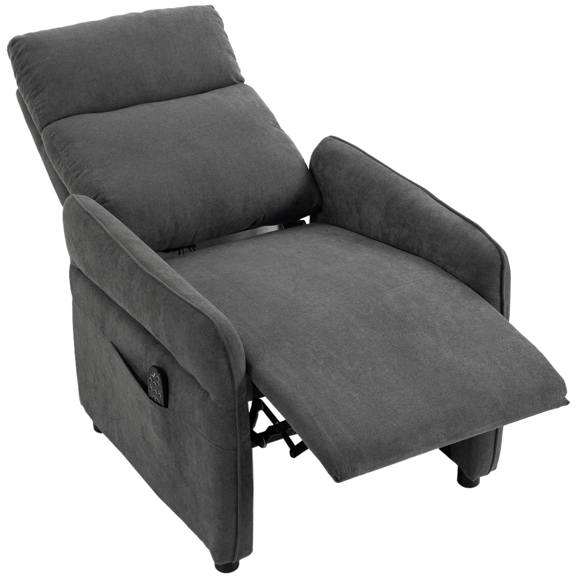 HOMCOM Fauteuil relax avec massage & chaleur, fauteuil Push-Back manuel, accoudoirs réglables, 2 poches latérales, gris foncé