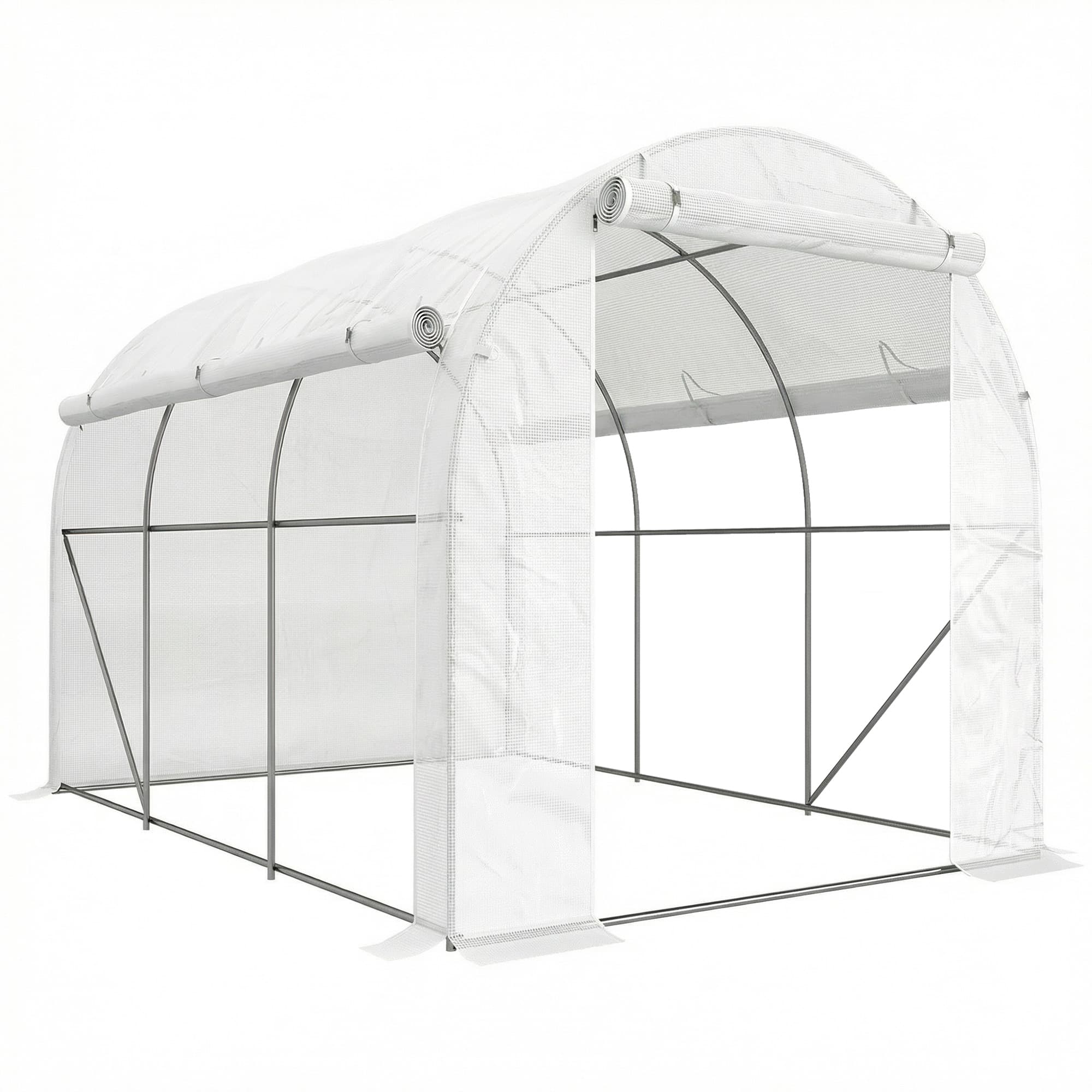 Outsunny Serre de jardin 6 m2 dim. 3 x 2 m avec 1 porte + 2 parois latérales zippées enroulables, 6 fenêtres, Blanc