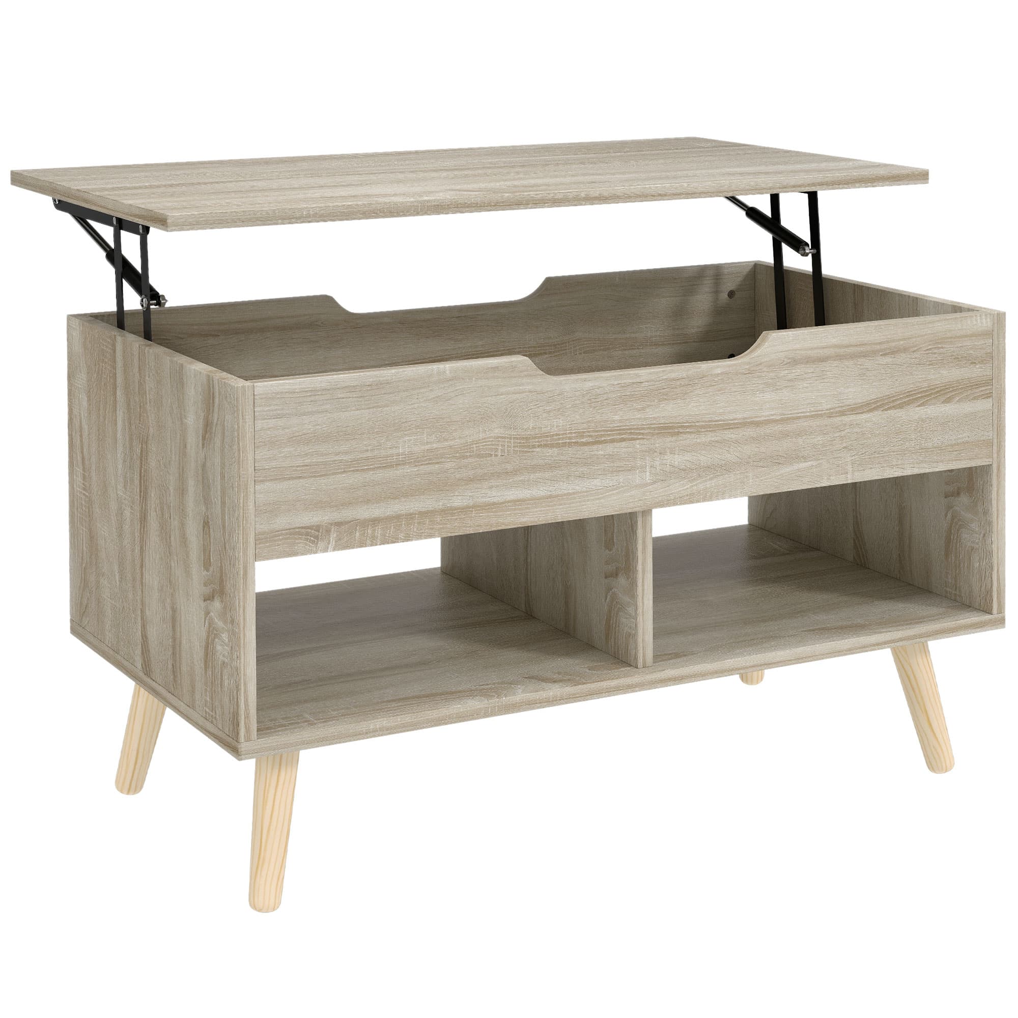 HOMCOM Table basse relevable, table de salon avec compartiment caché et étagères ouvertes, 75 x 40 x 58 cm, bois naturel