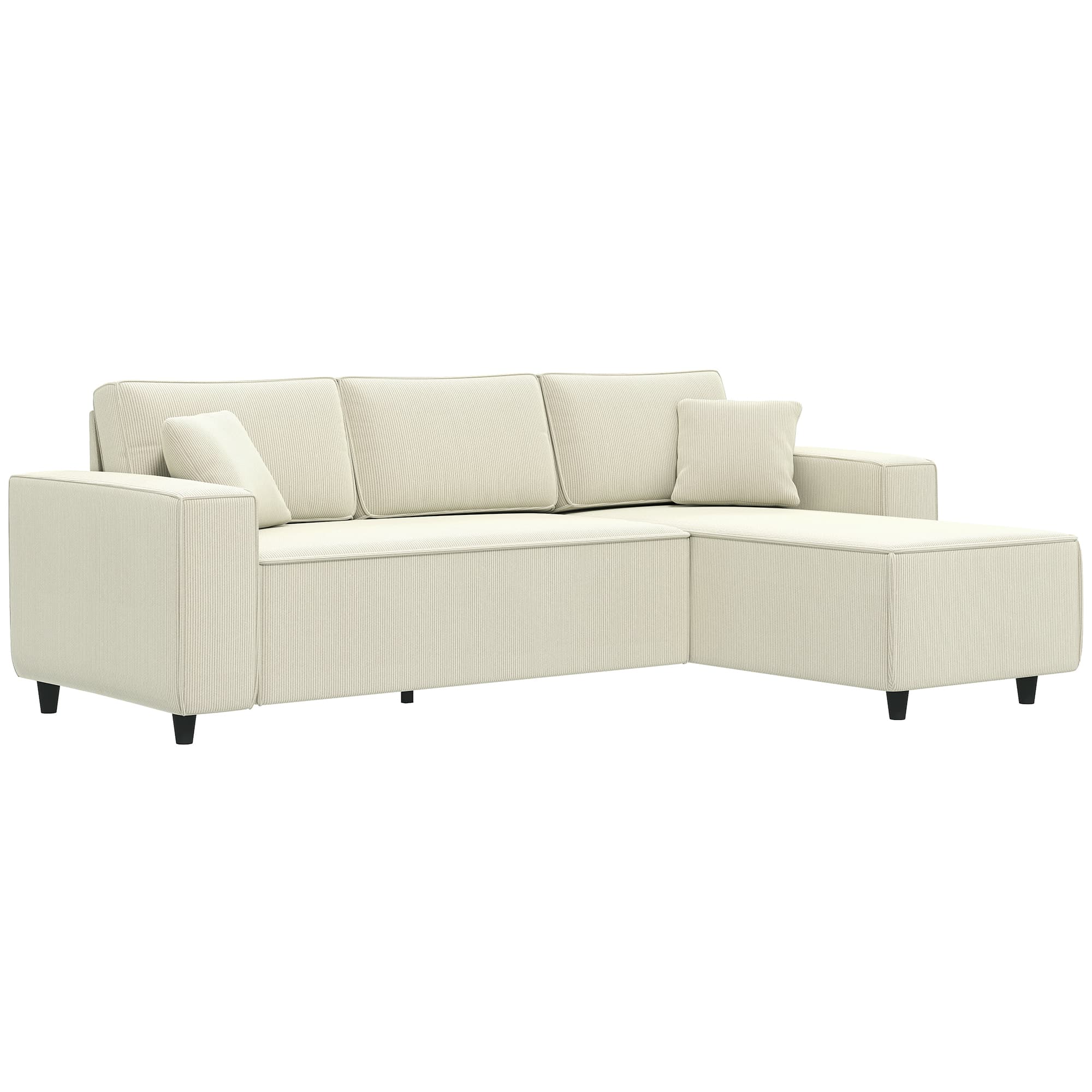 HOMCOM Canapé d'angle réversible 3 places moderne avec coussins inclus, tissu velours côtelé, crème