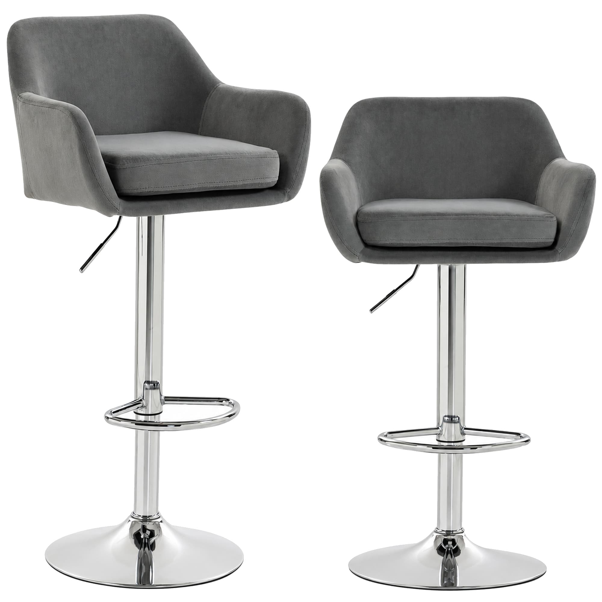 HOMCOM Lot de 2 Tabourets de Bar Pivotants en Velours avec Hauteur Réglable, Repose-pieds, Dossier, Base en Métal, Gris