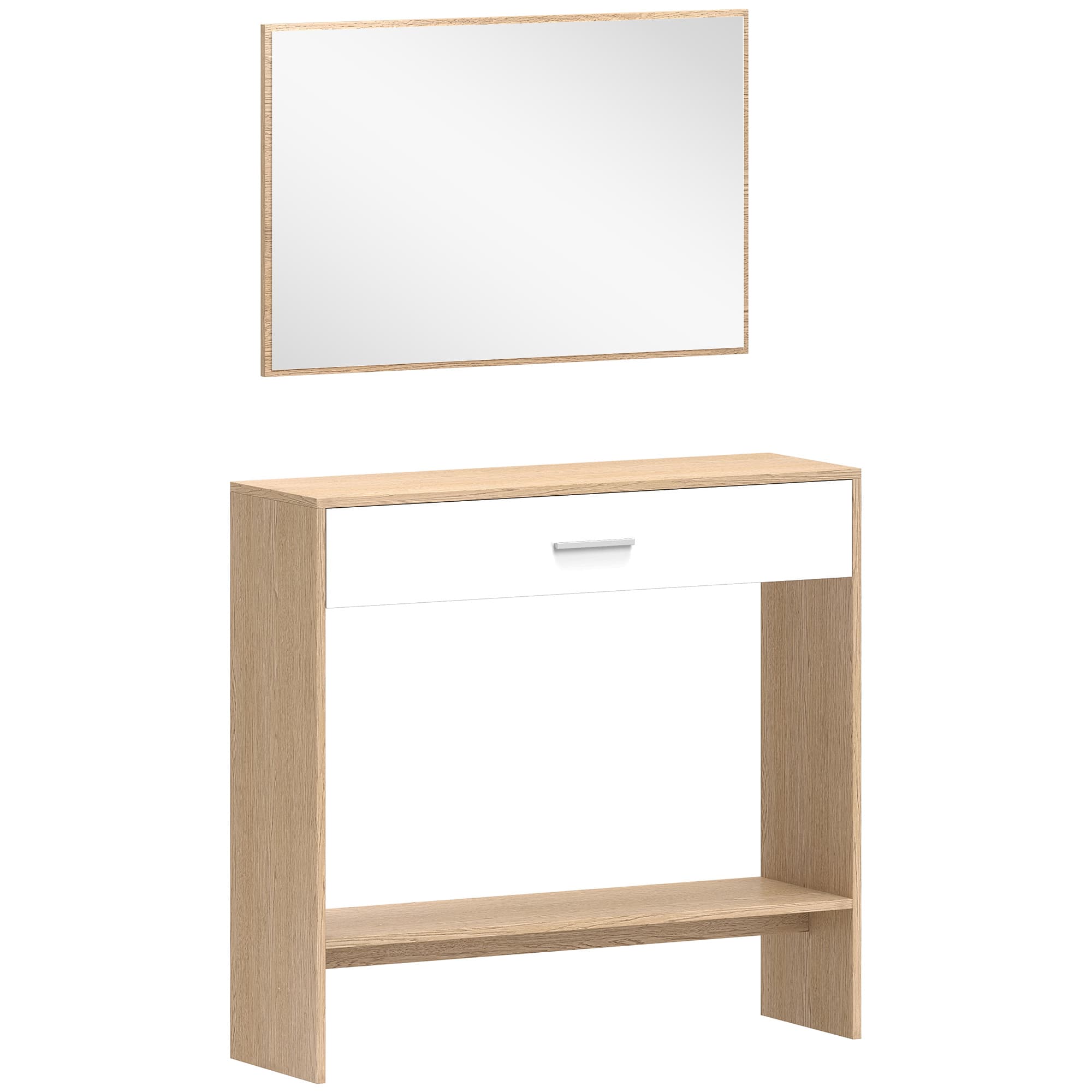 HOMCOM Console meuble + miroir, table console étroite avec tiroir et étagère, style moderne, 91,5 x 27,9 x 85,5 cm, chêne