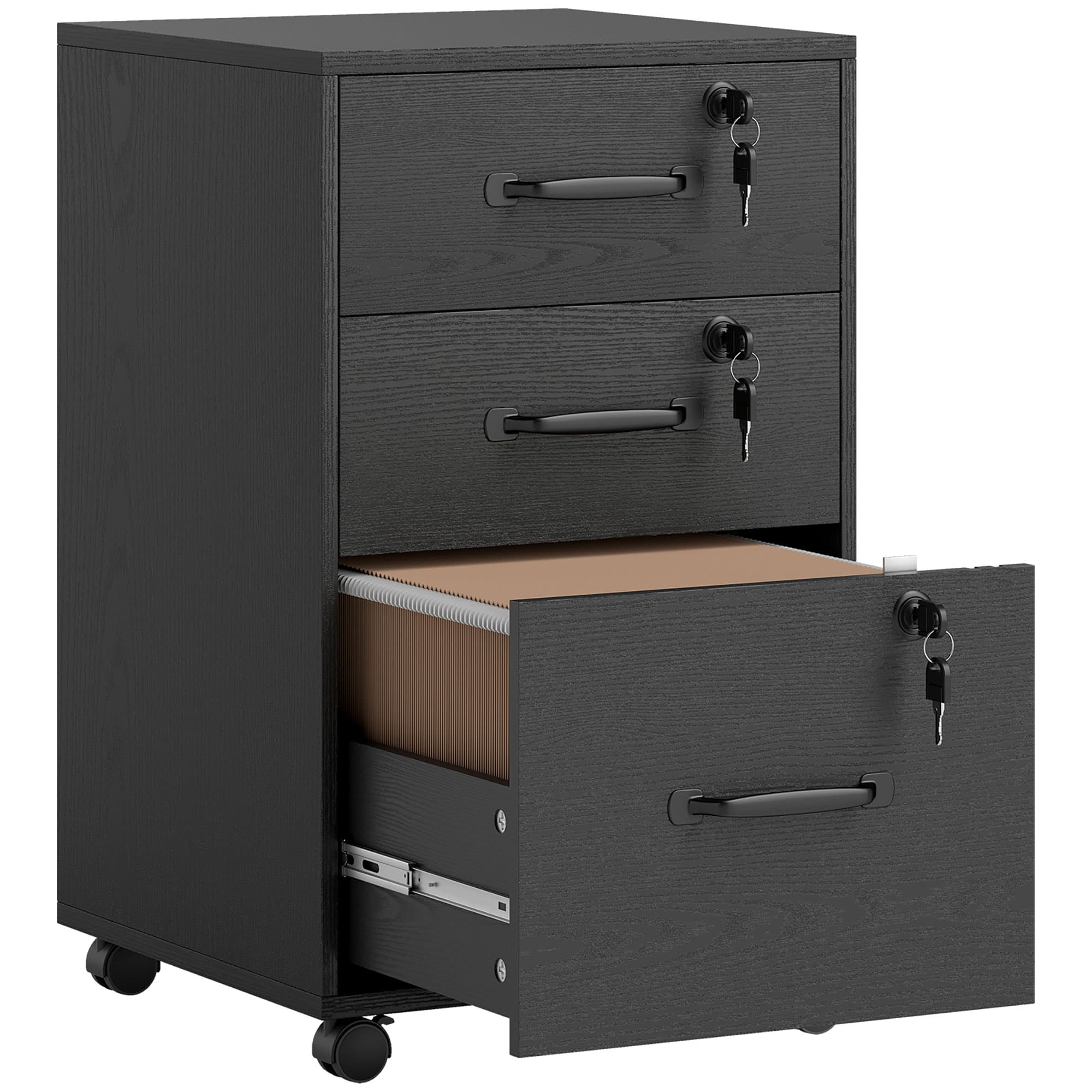 HOMCOM Caisson de Bureau Mobile avec 3 Tiroirs Verrouillables, Caisson de Rangement sur Roulettes, 40 x 40 x 69,5 cm, Noir
