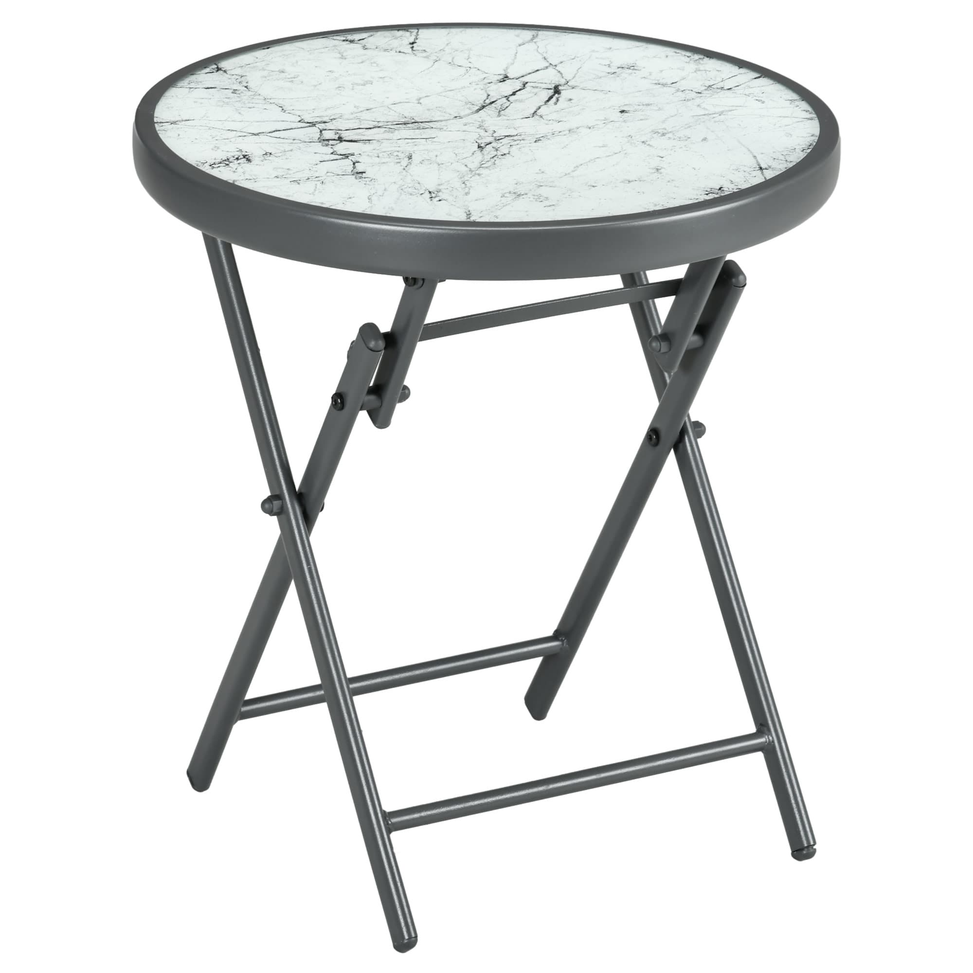 Outsunny Table basse pliante table d'appoint pliante plateau effet marbre en verre trempé structure métal ronde Ø45 x 50 cm blanc