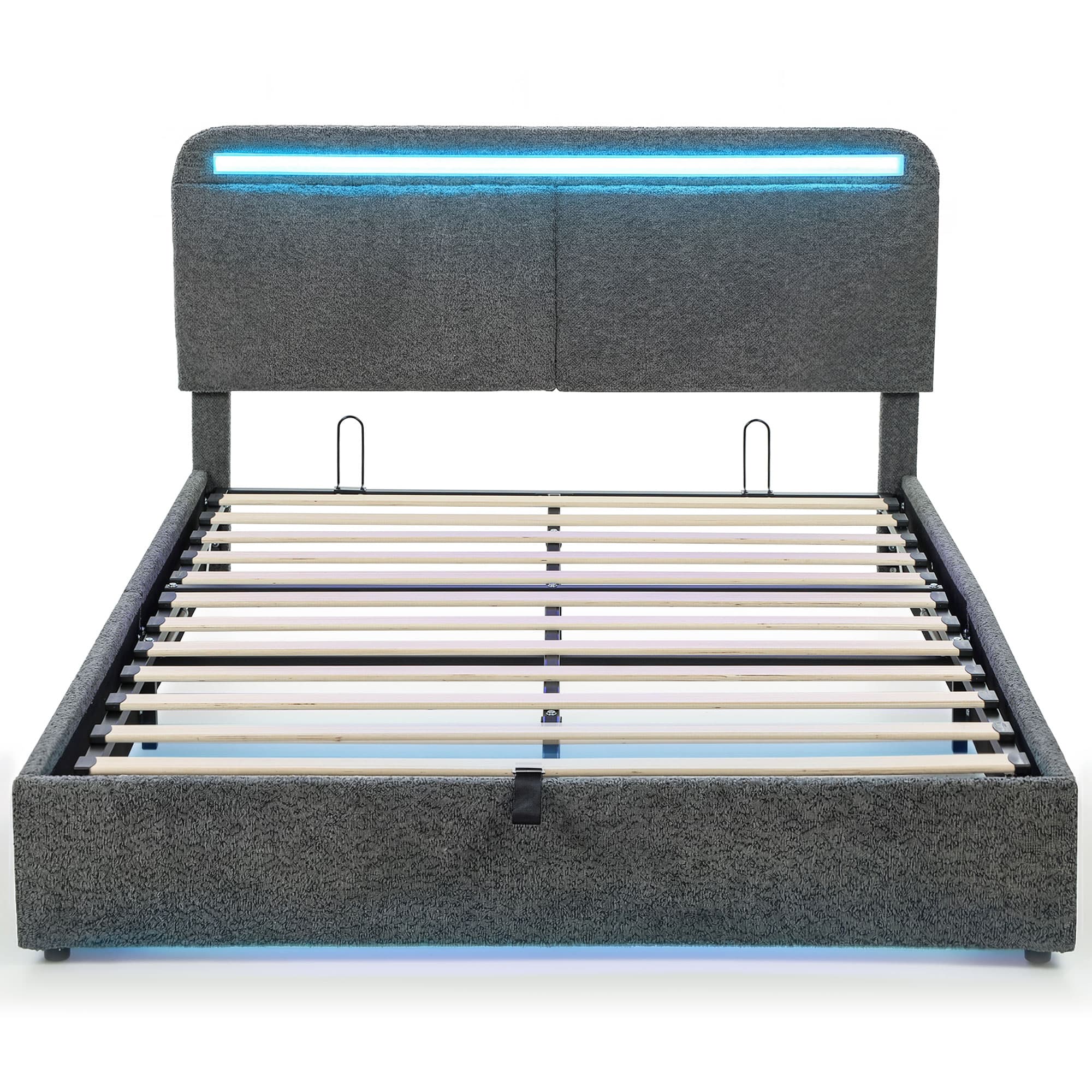 HOMCOM Lit coffre 140 x 190 cm avec éclairage LED, tête de lit réglable, cadre de lit double, sommier à lattes en bois, gris