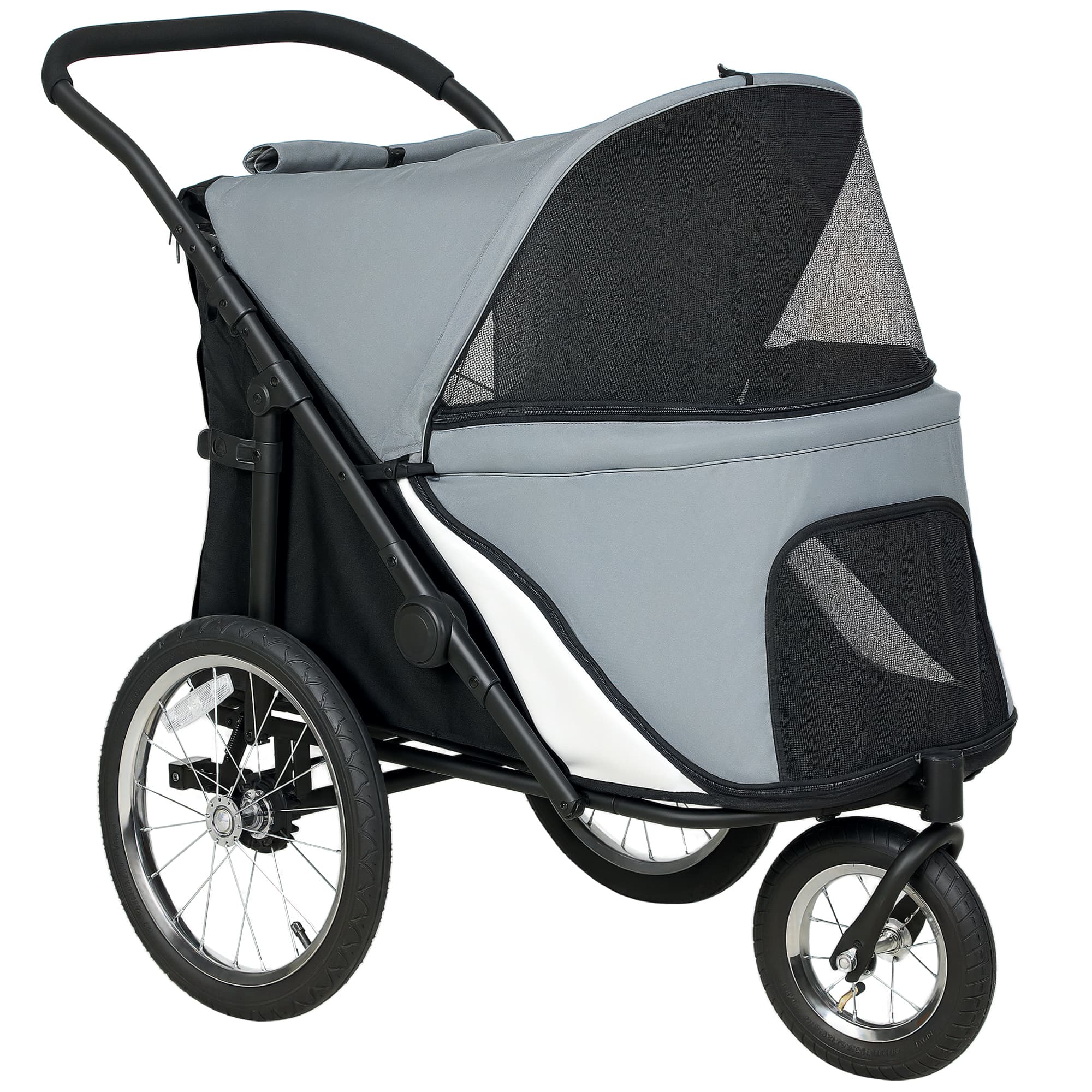 PawHut Poussette pour chien 3 roues avec pliage facile, sac de rangement, coussin souple, laisse de sécurité, gris