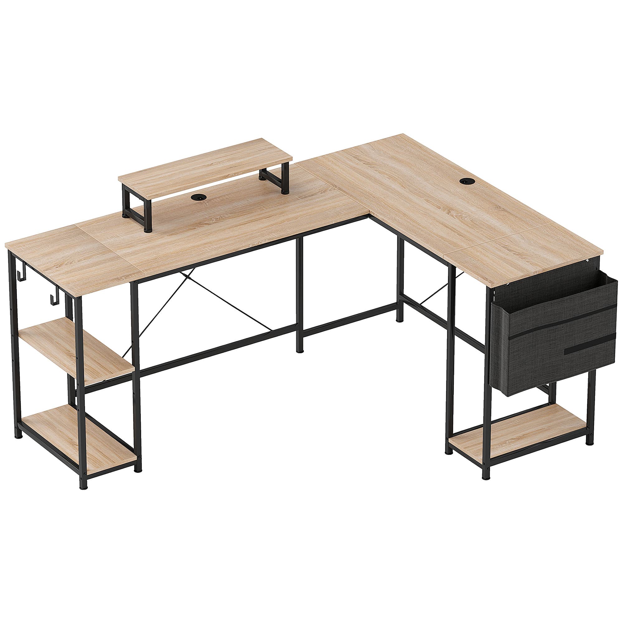 HOMCOM Bureau d'angle modulable réversible 168-240 cm style industriel - étagère réglable, sac de rangement, support d'écran