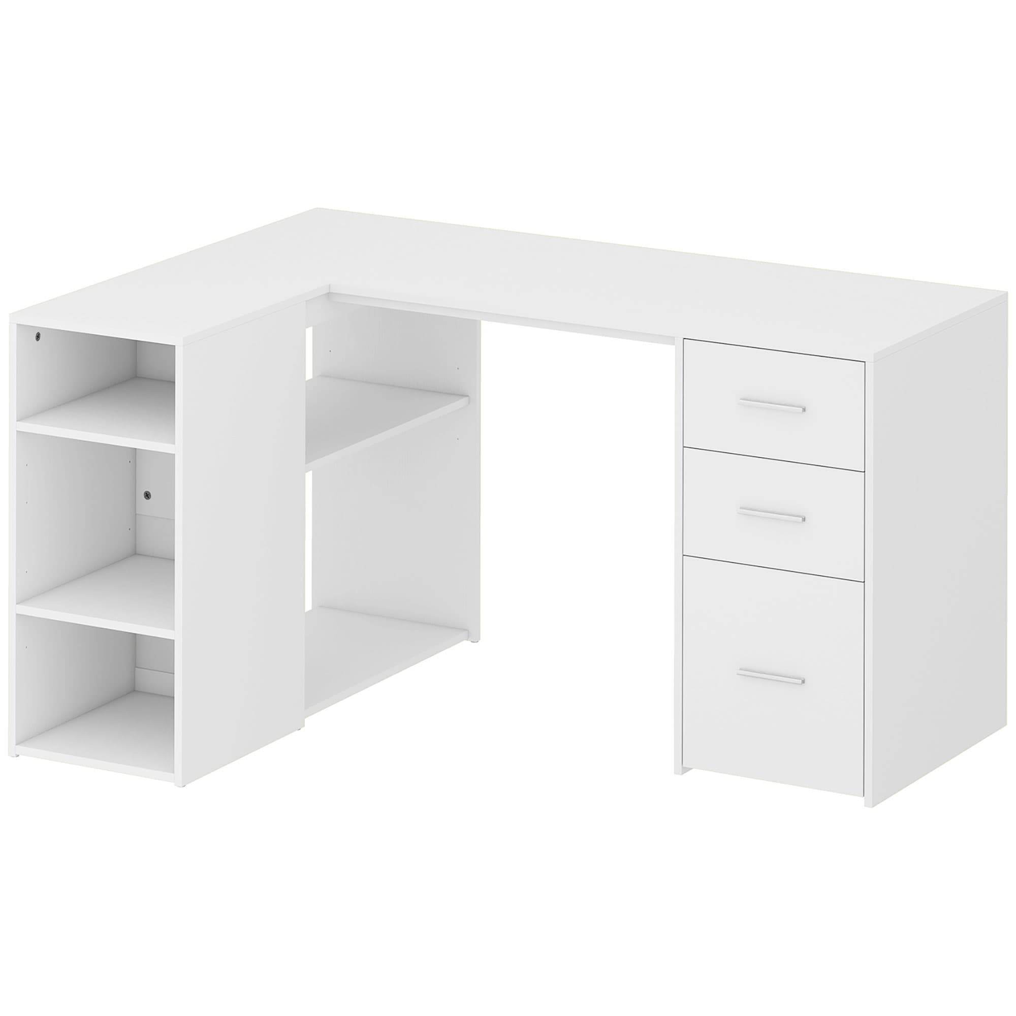 HOMCOM Bureau d'Angle, Bureau Informatique en L, 3 Tiroirs, 5 Compartiments Ouverts, Étagères Réglables, 140x100x75cm, Blanc