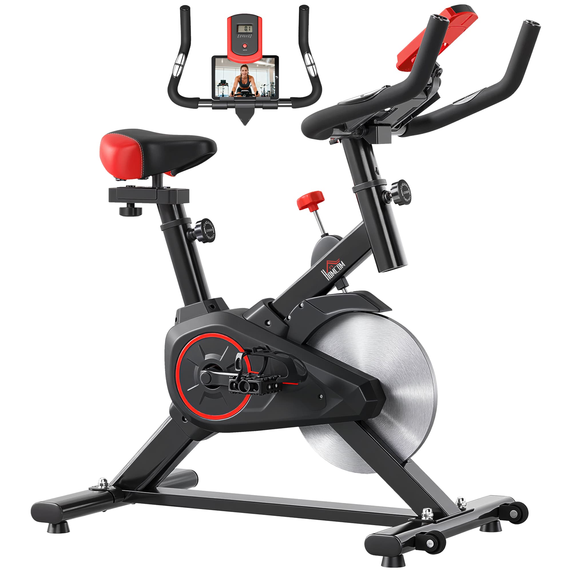 HOMCOM Vélo d'appartement avec écran LCD multifonctions training selle et guidon réglables poids volant inertie 6 Kg acier noir et rouge