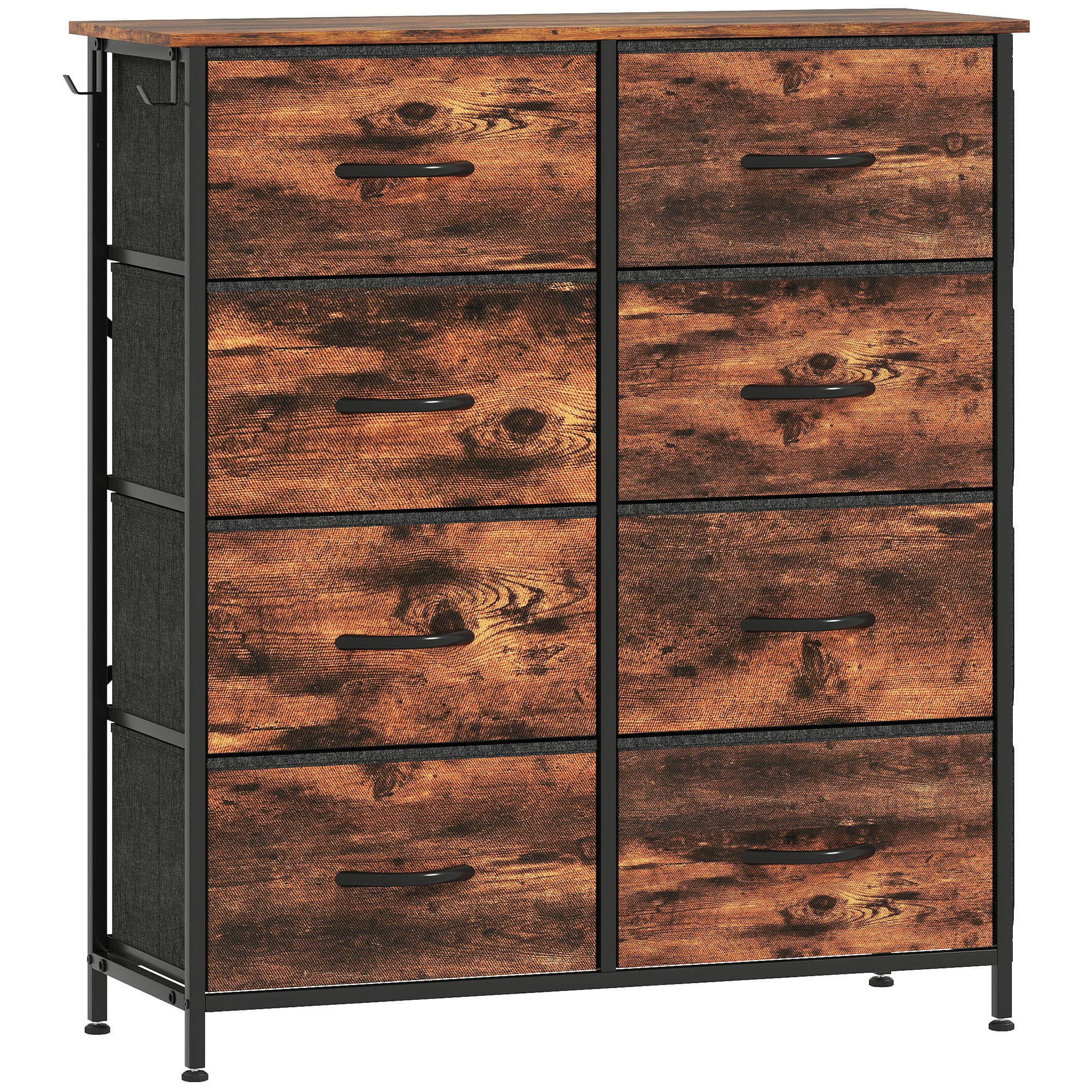 HOMCOM Commode 8 tiroirs en tissu, meuble de rangement, 4 poches, 2 crochets, structure en acier, 86x30x94,5cm, brun rustique