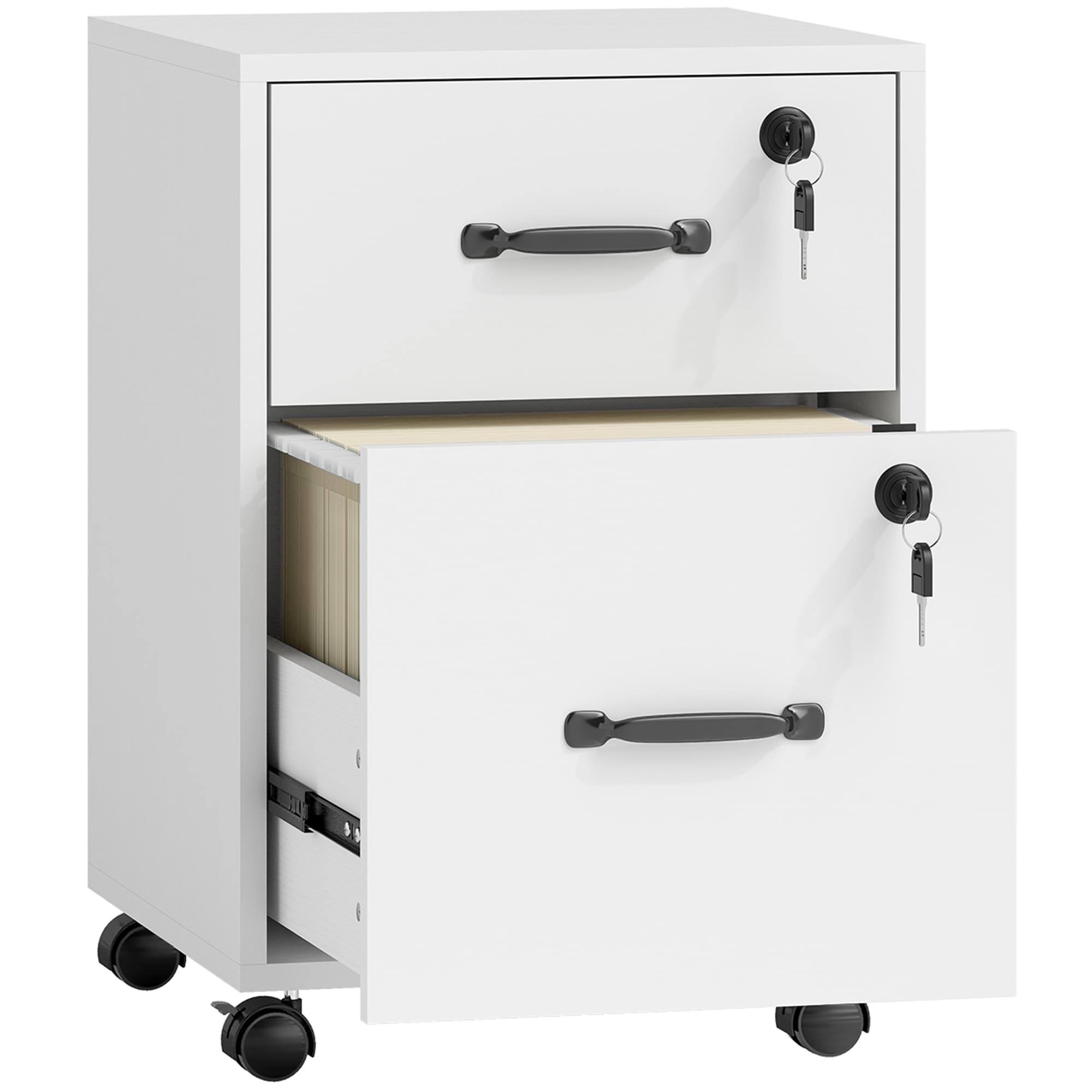 HOMCOM Caisson bureau mobile à 2 tiroirs, meuble rangement bureau sur roulettes pour documents suspendus format lettre, blanc