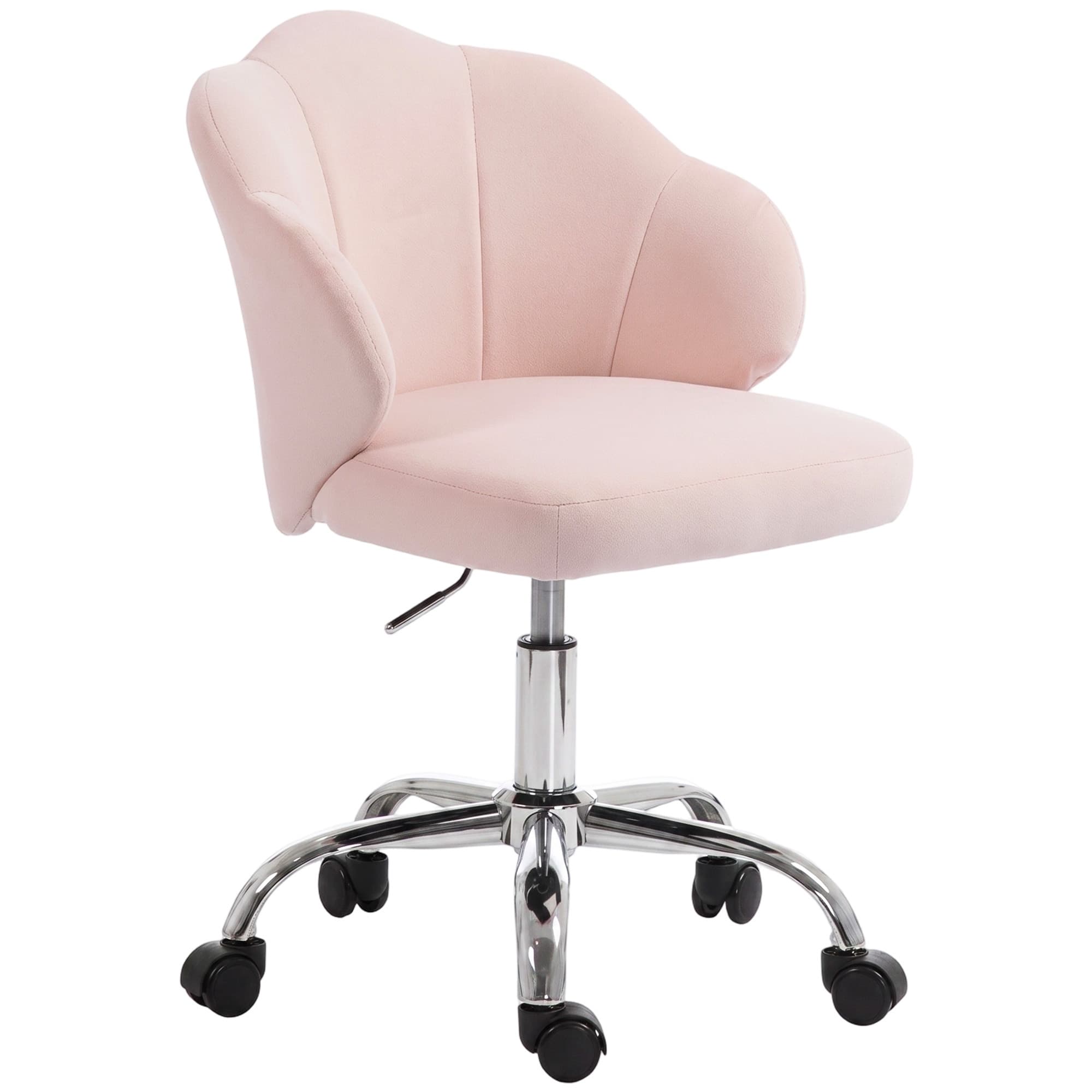 HOMCOM Chaise Bureau en Velours, Chaise Coiffeuse avec Dossier en Pétale, Hauteur Réglable, Fonction Bascule, Rose