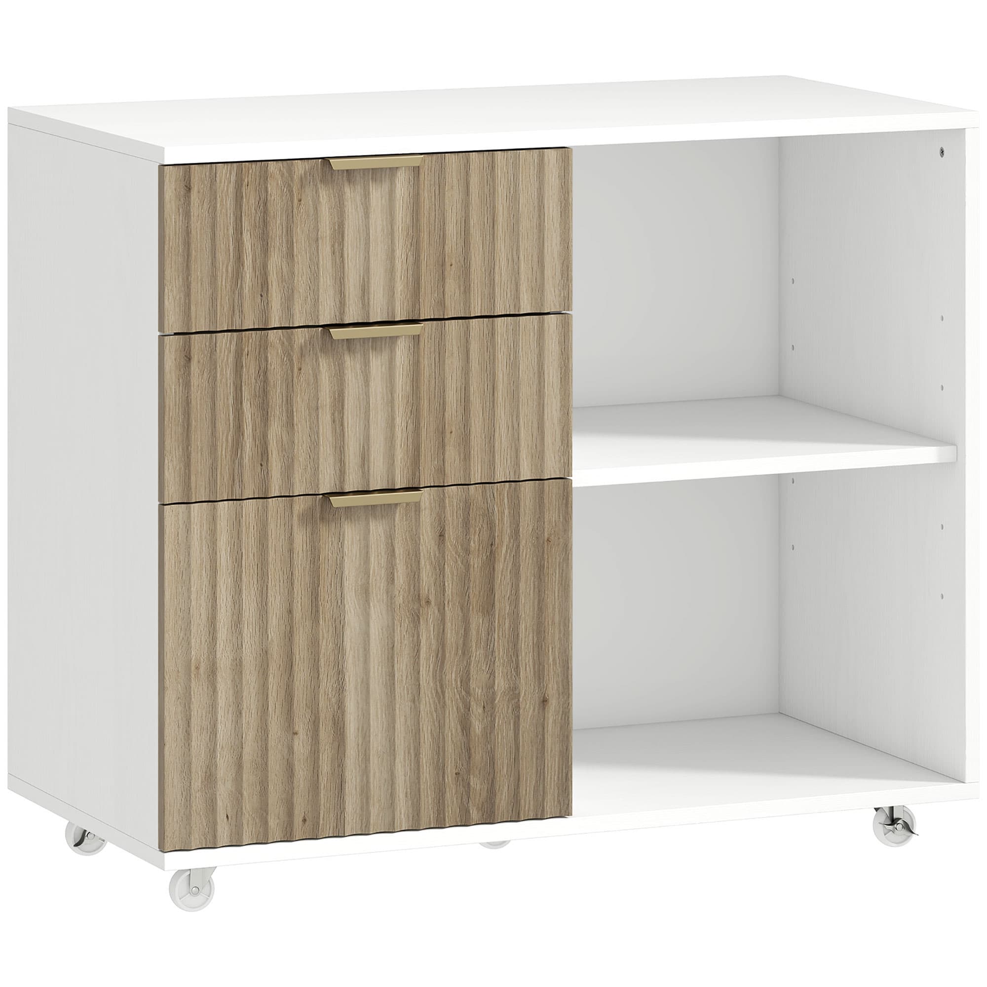 HOMCOM Support d'Imprimante sur Roulettes, 3 Tiroirs, 2 Étagères Ouvertes, Design Ondulé, 80x40x68cm, Blanc Chêne