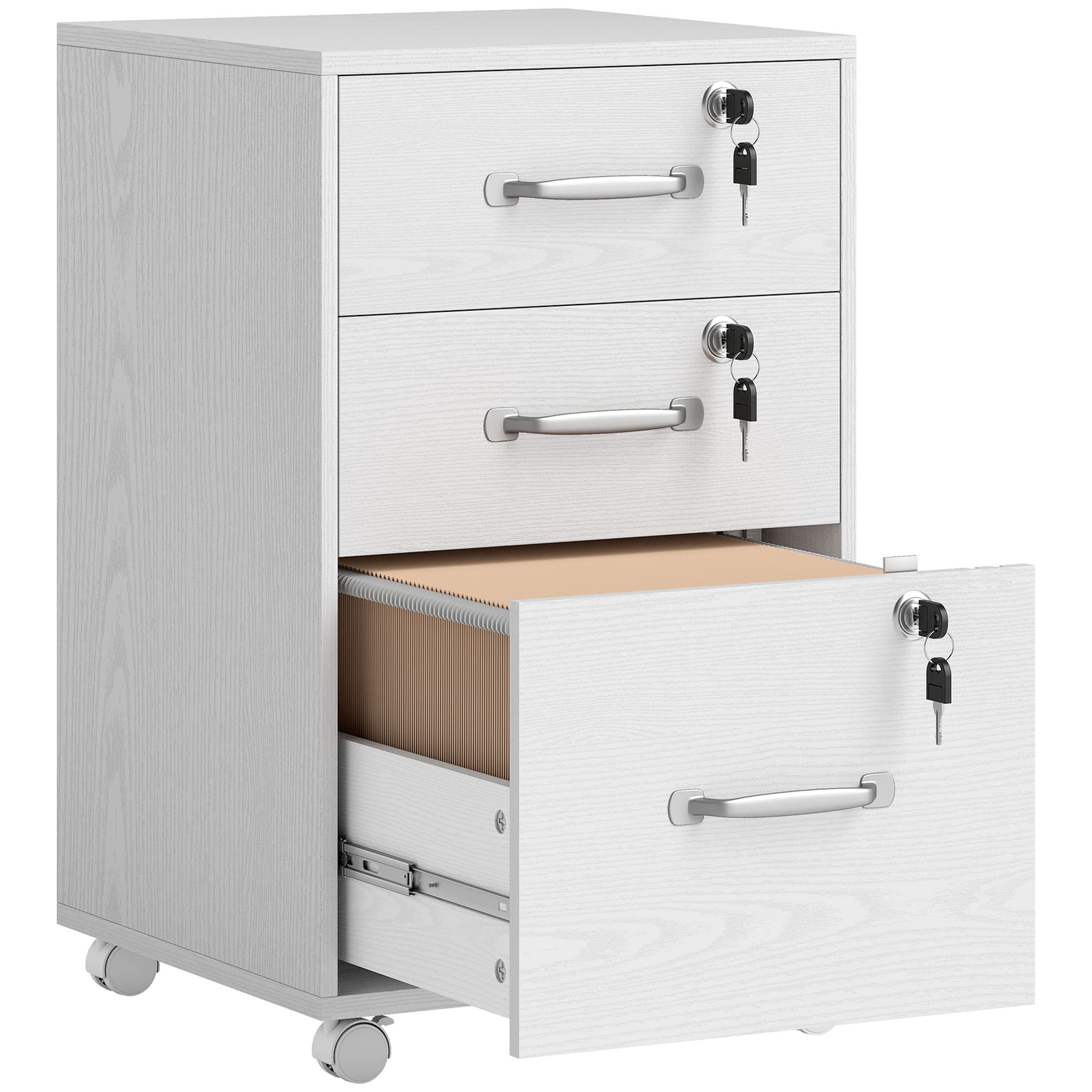 HOMCOM Caisson de Bureau Mobile avec 3 Tiroirs Verrouillables, Caisson de Rangement sur Roulettes, 40 x 40 x 69,5 cm, Blanc